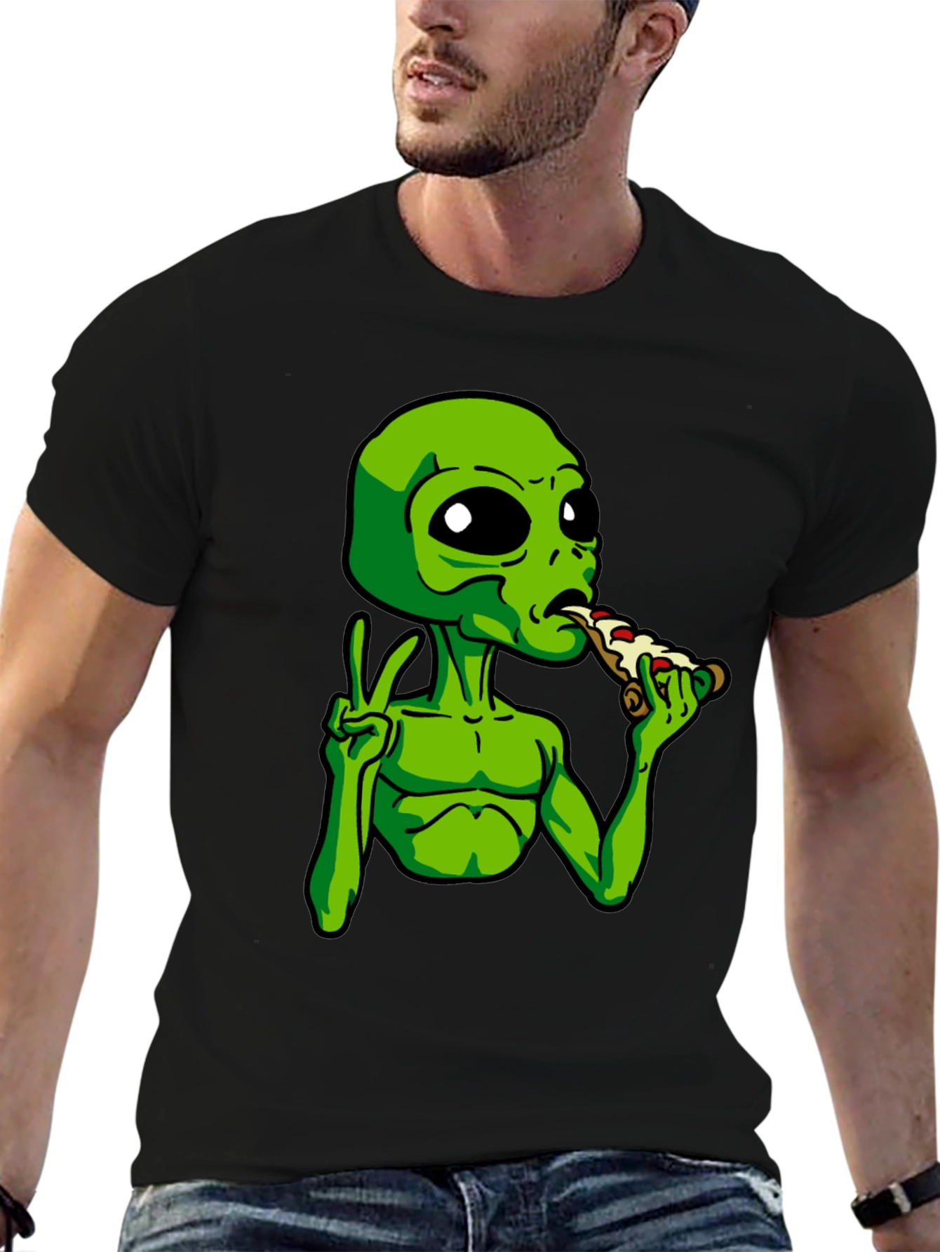Alien Peace Pizza Graphic T-Shirt