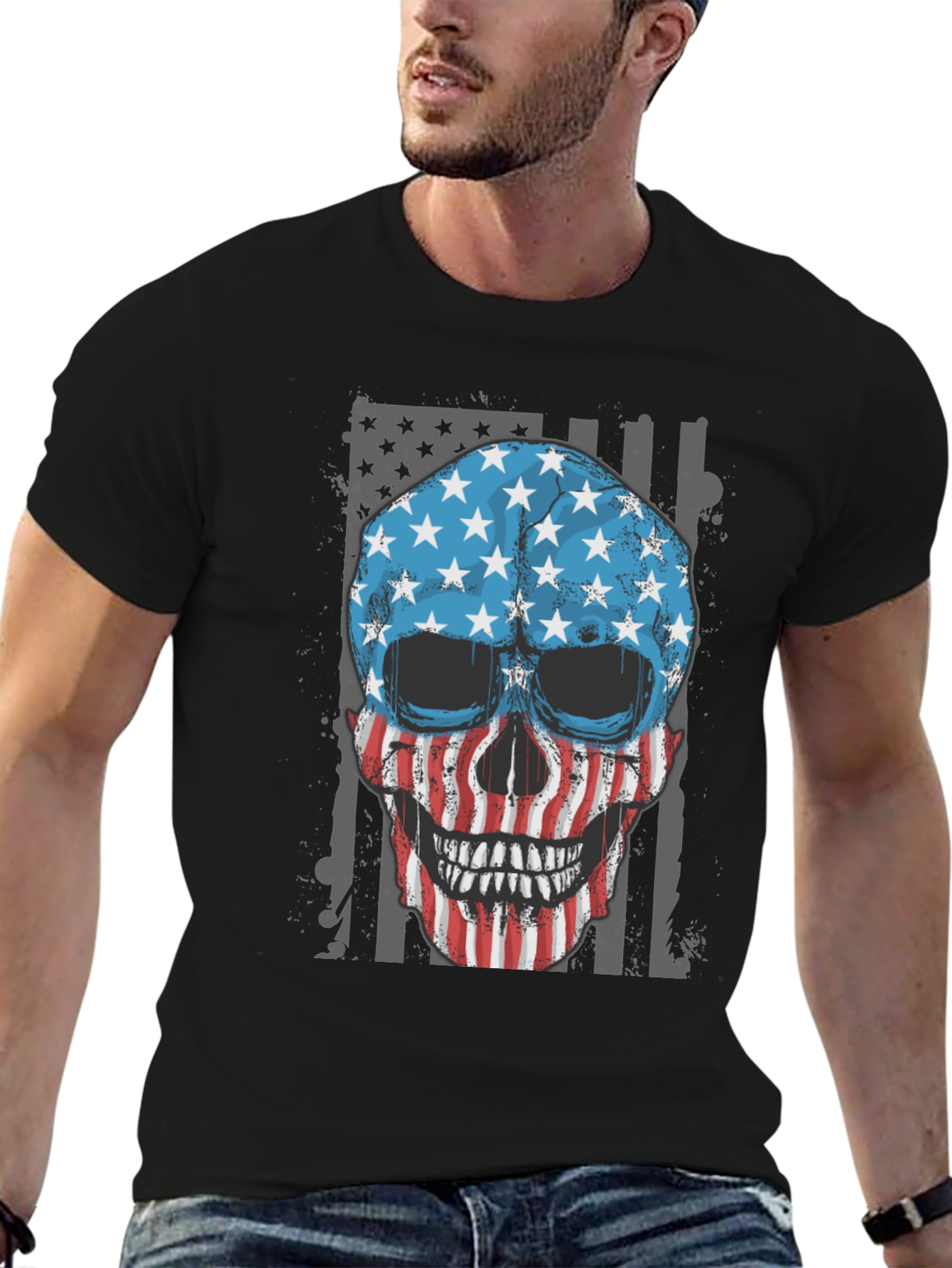 American Flag Skull Graphic T-Shirt Patriotic USA Tee