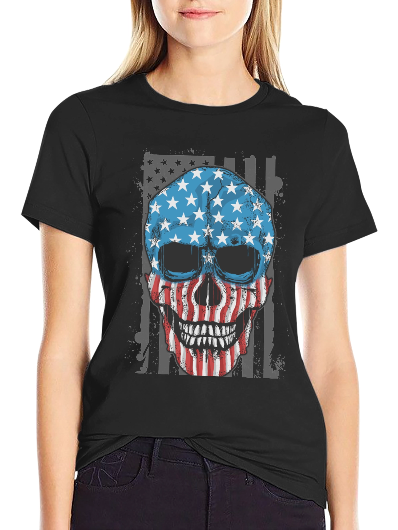 American Flag Skull Graphic T-Shirt Patriotic USA Tee