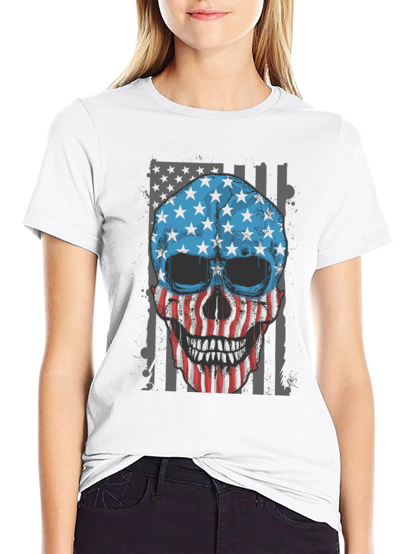 American Flag Skull Graphic T-Shirt Patriotic USA Tee