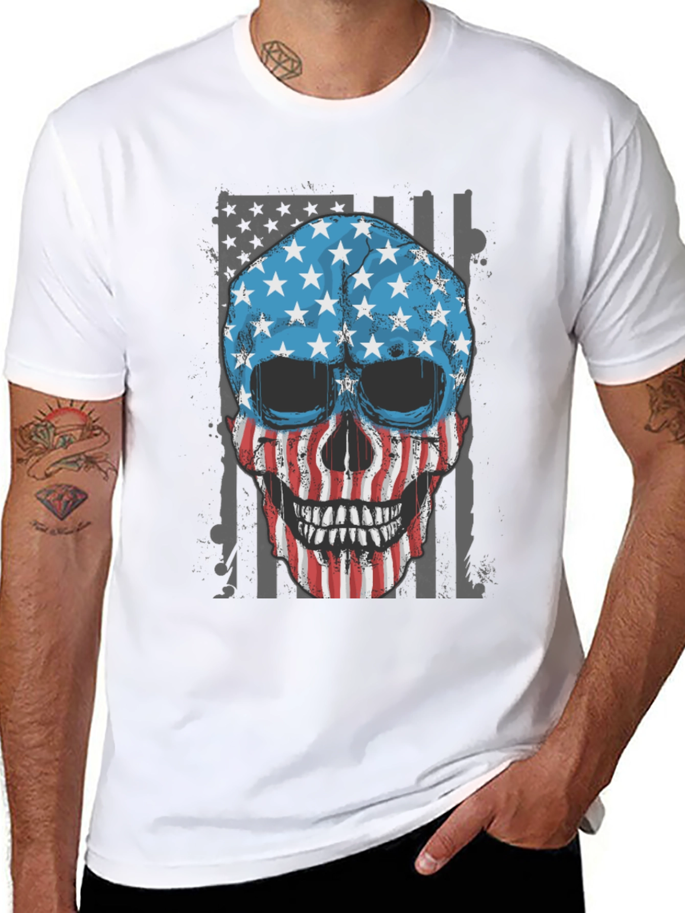 American Flag Skull Graphic T-Shirt Patriotic USA Tee