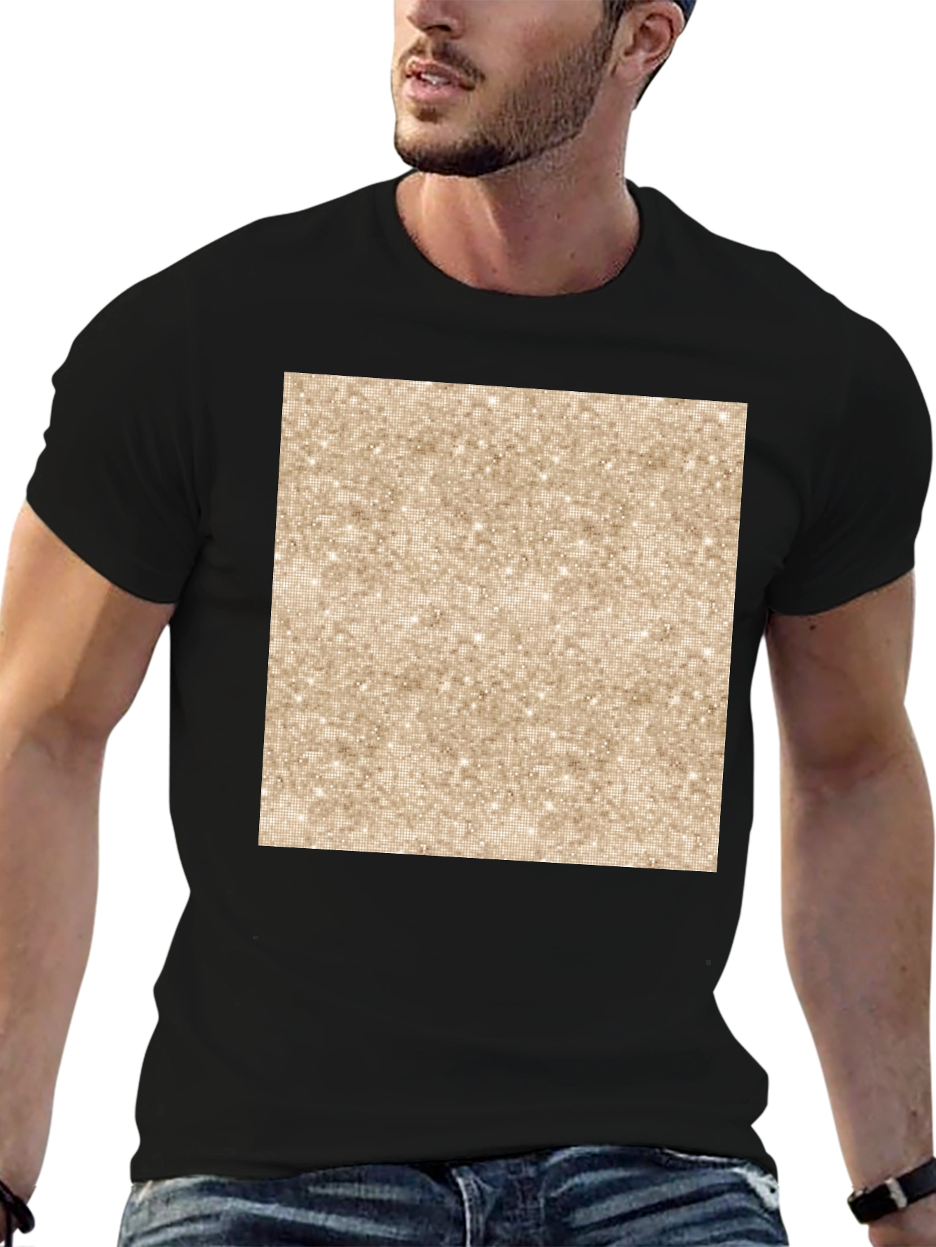 Stylish Black Tee with Glittery Gold Square Graphic