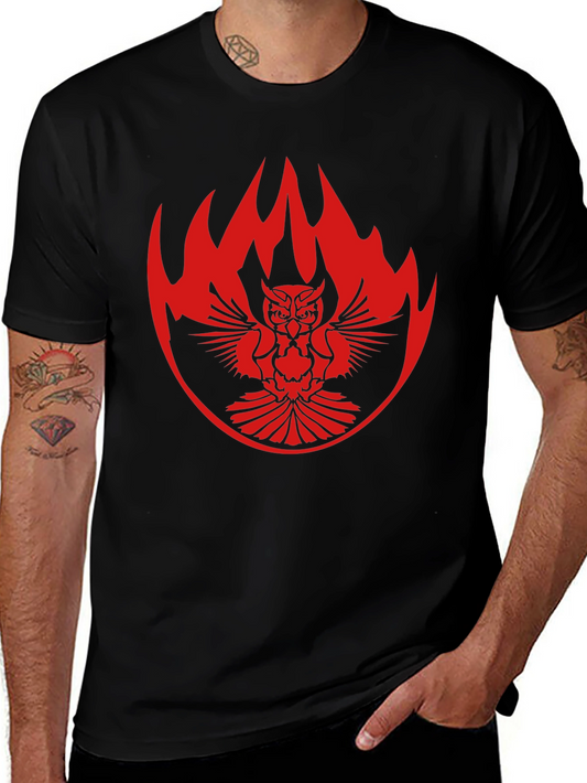 Black T-Shirt with Owl & Flame Design