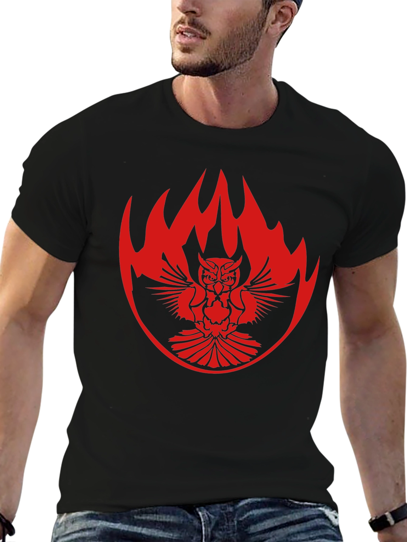 Black T-Shirt with Owl & Flame Design