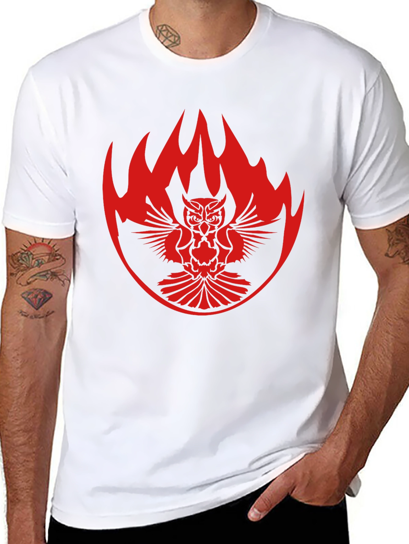 Black T-Shirt with Owl & Flame Design