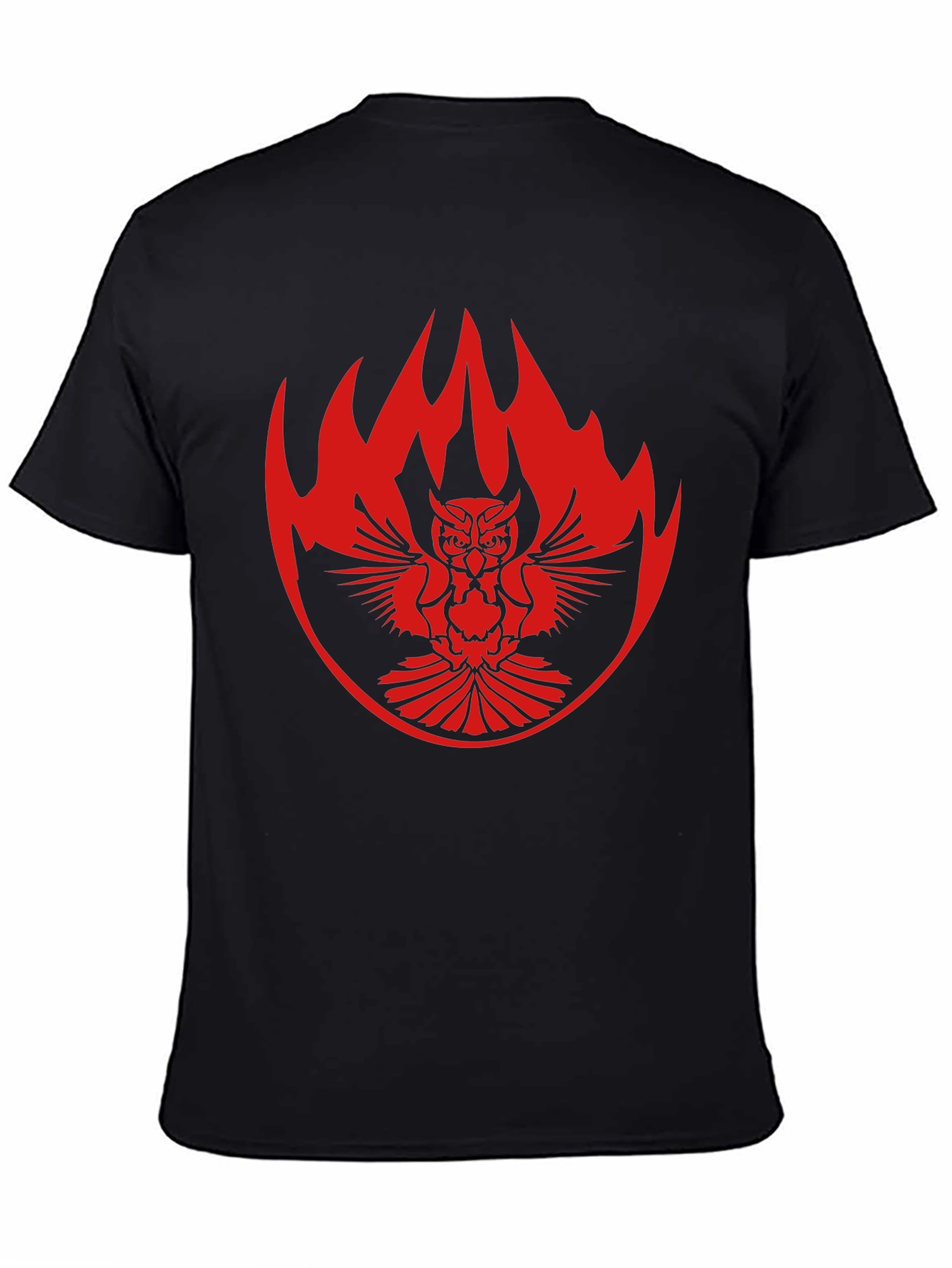 Black T-Shirt with Owl & Flame Design