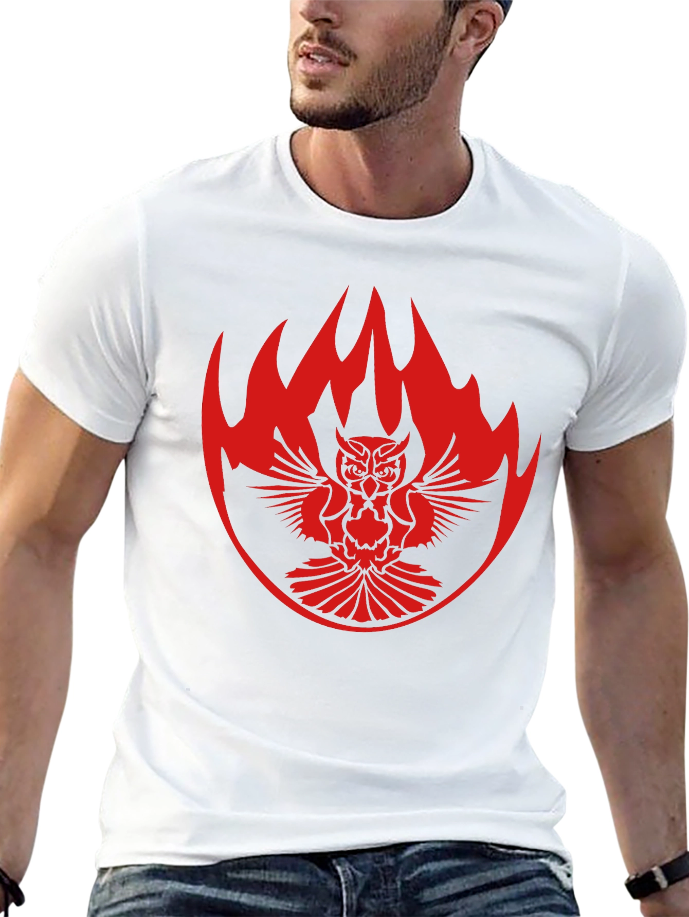 Black T-Shirt with Owl & Flame Design