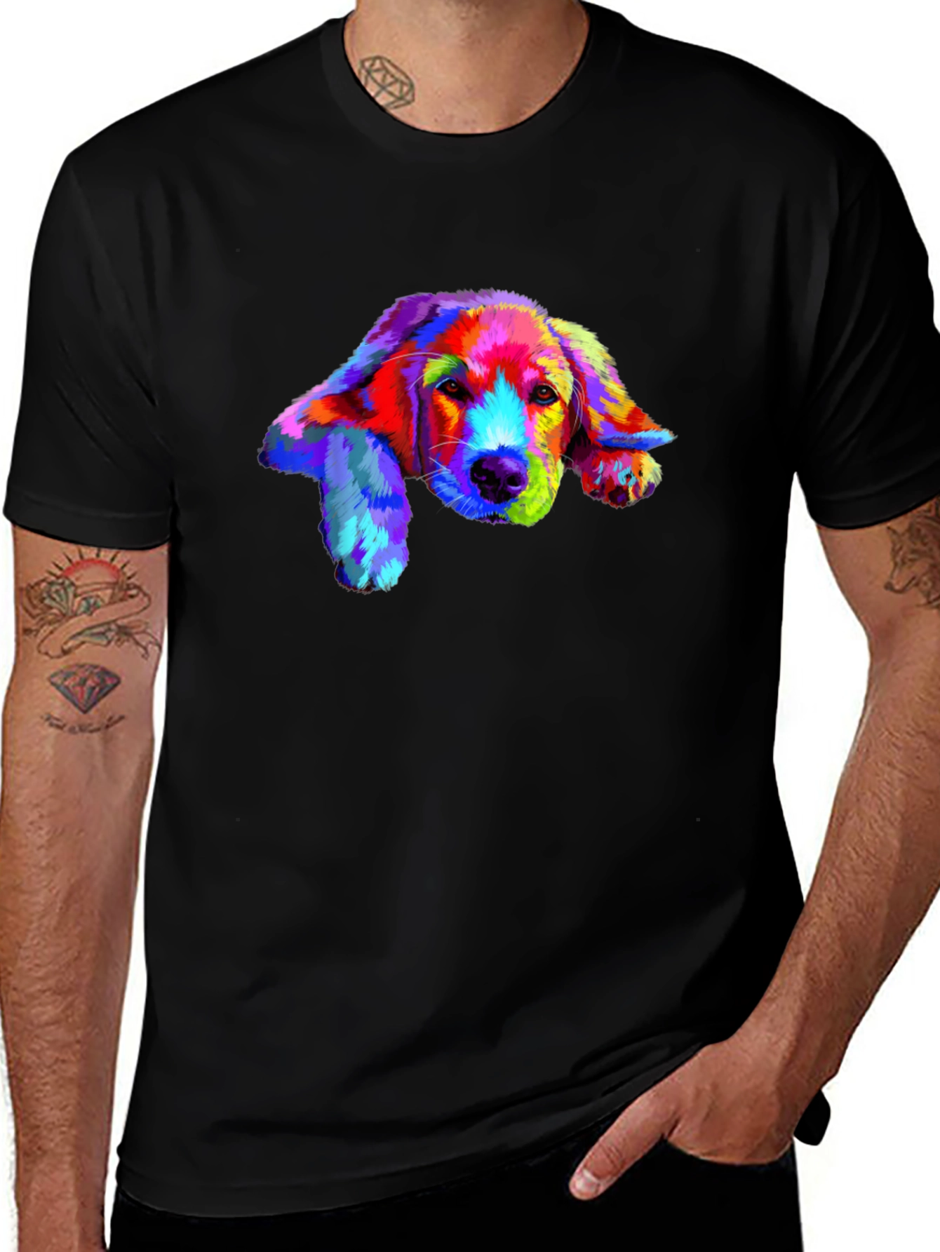 Rainbow Dog Print Black T-Shirt