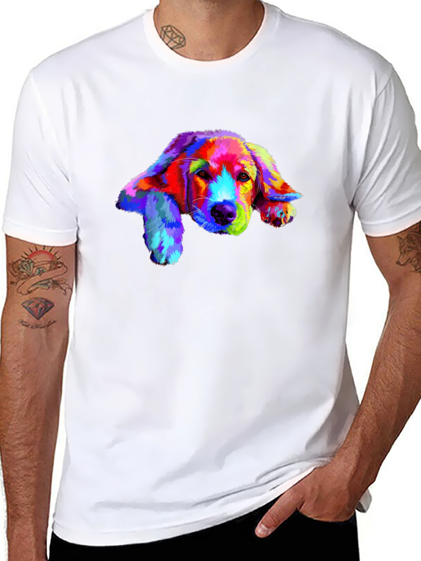 Rainbow Dog Print Black T-Shirt