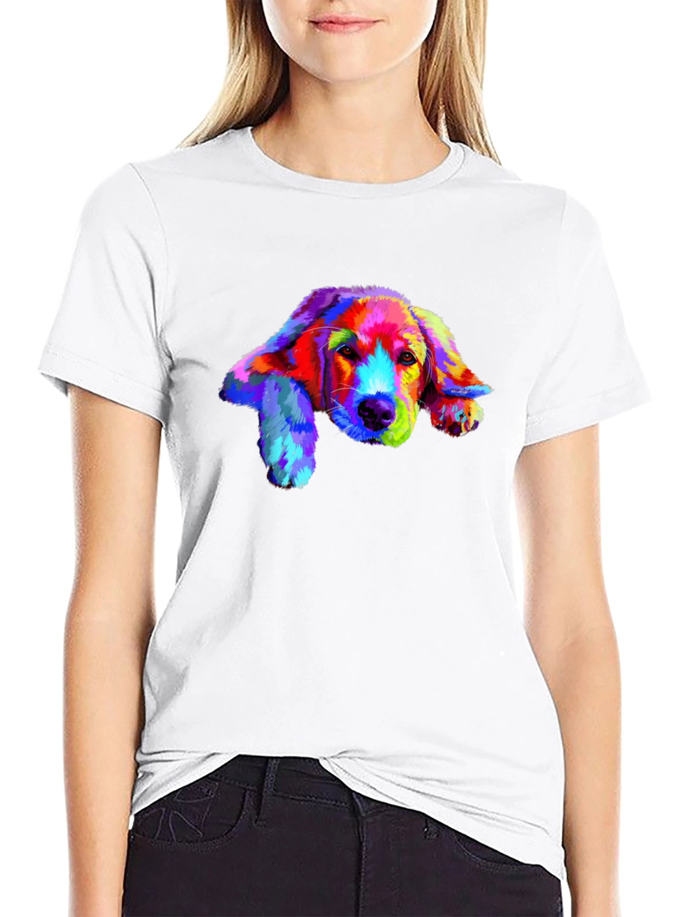 Rainbow Dog Print Black T-Shirt