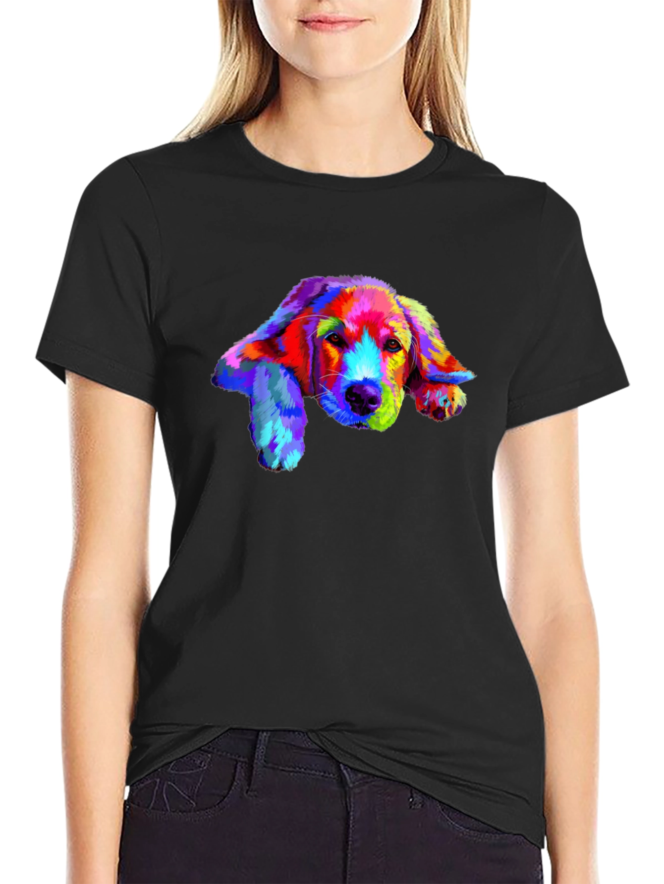 Rainbow Dog Print Black T-Shirt