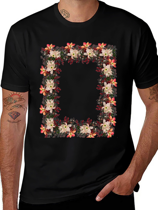 Floral Frame Graphic Tee - Black Cotton Blend Casual Shirt