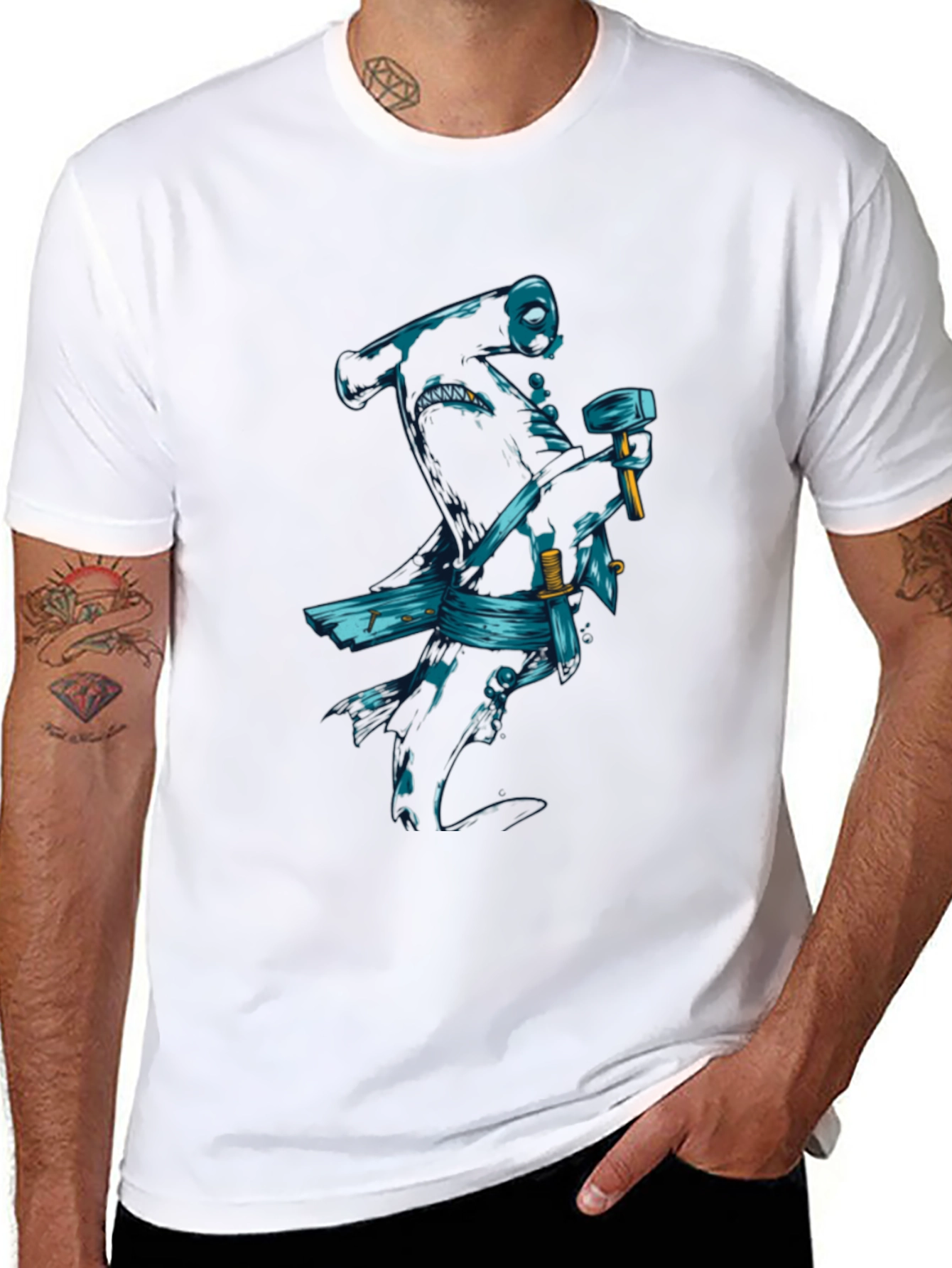 Black T-Shirt with Samurai Shark Graphic