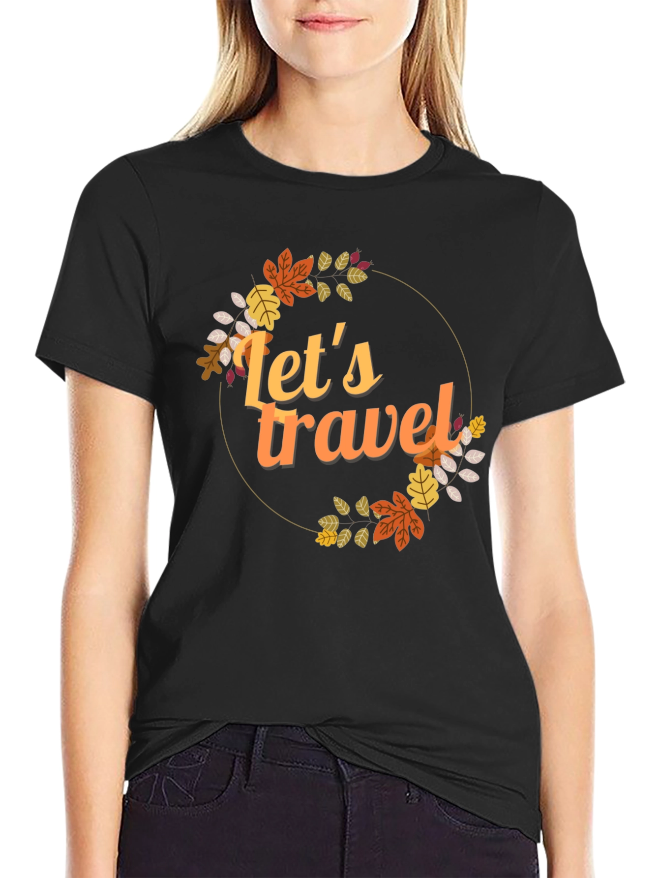 Lets Travel Fall Leaves Graphic Tee - Black