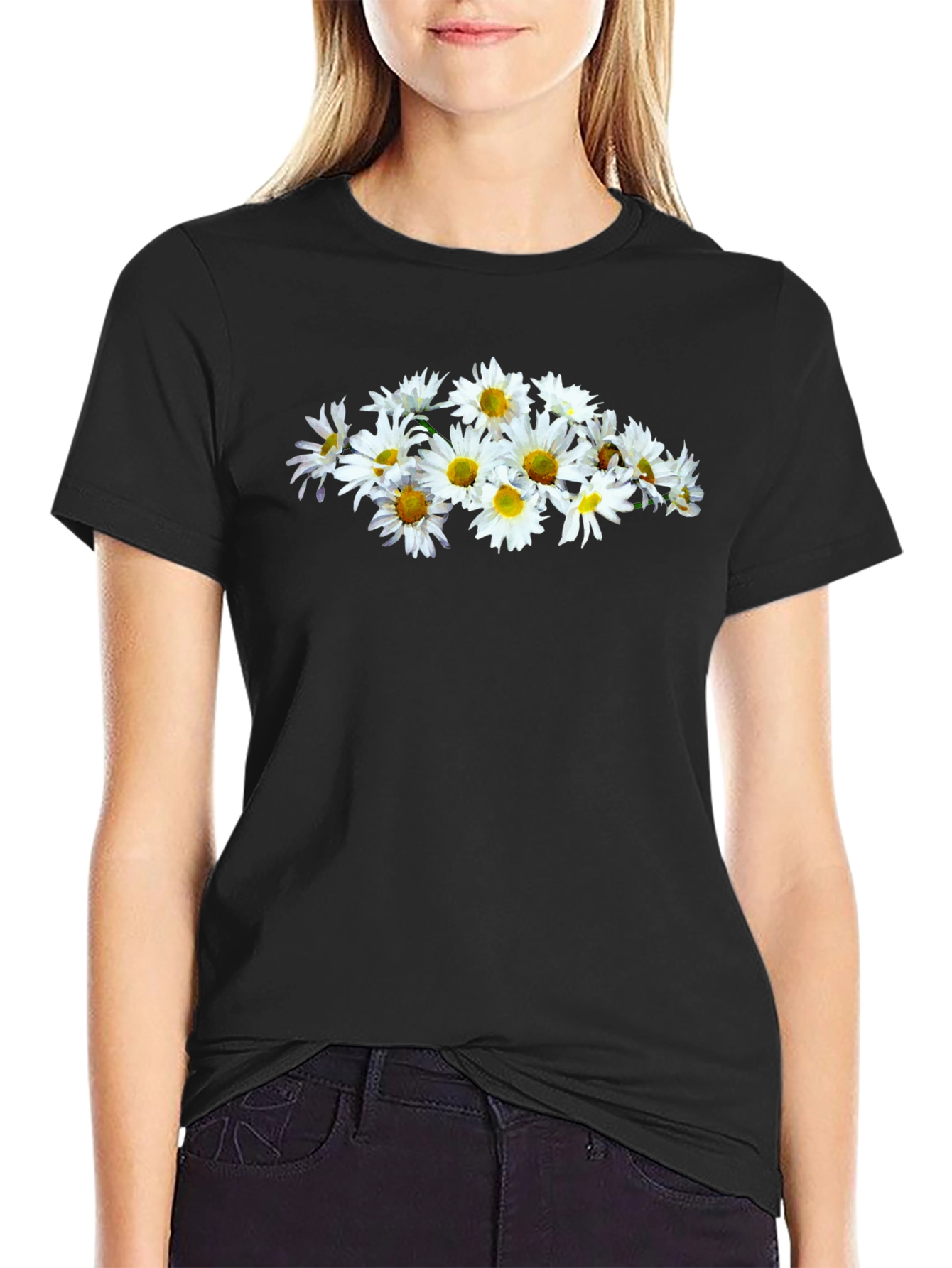 Daisy Flower Graphic Black T-Shirt