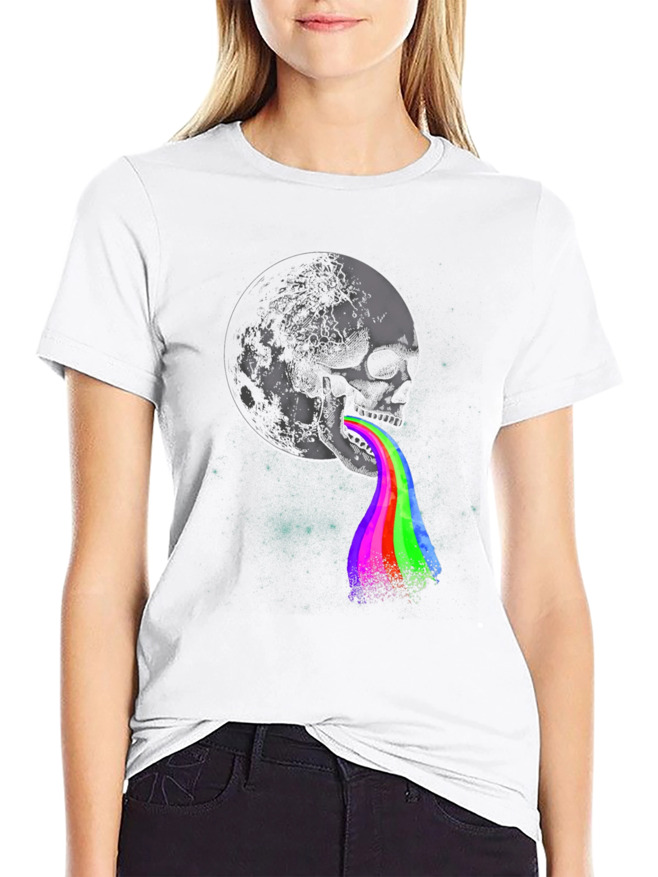 Moon Skull Rainbow Vomit Graphic Tee