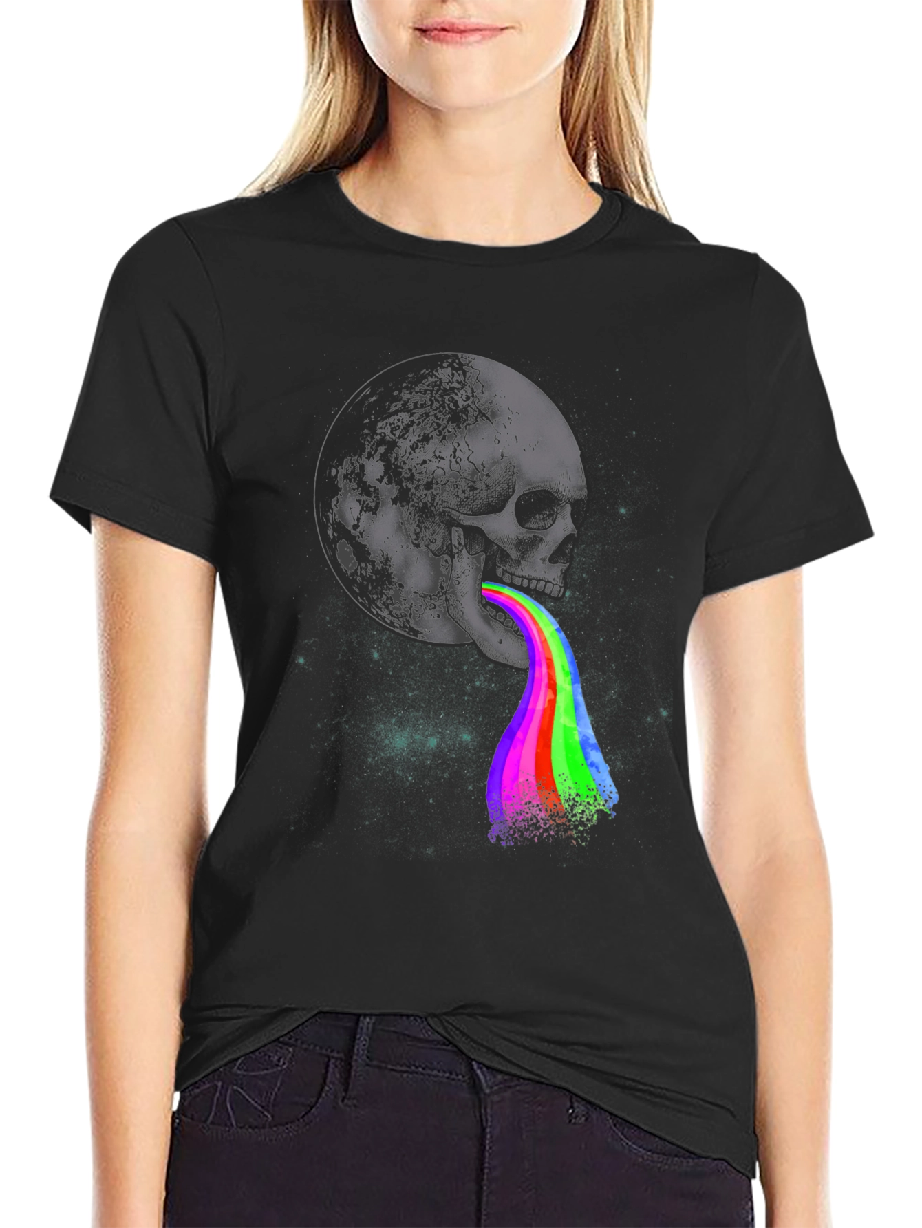 Moon Skull Rainbow Vomit Graphic Tee