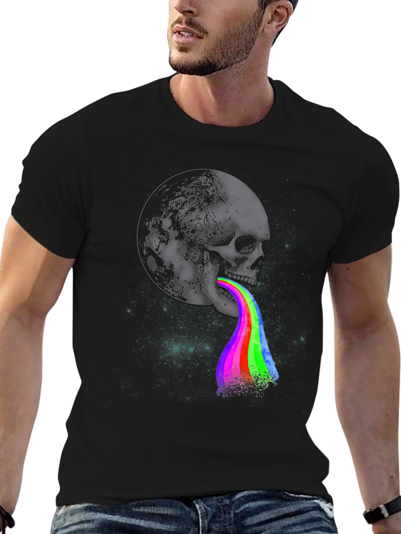 Moon Skull Rainbow Vomit Graphic Tee