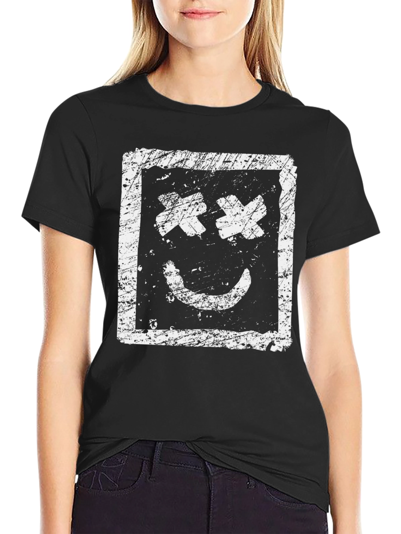 Distressed Smiley Face Graphic Black T-Shirt
