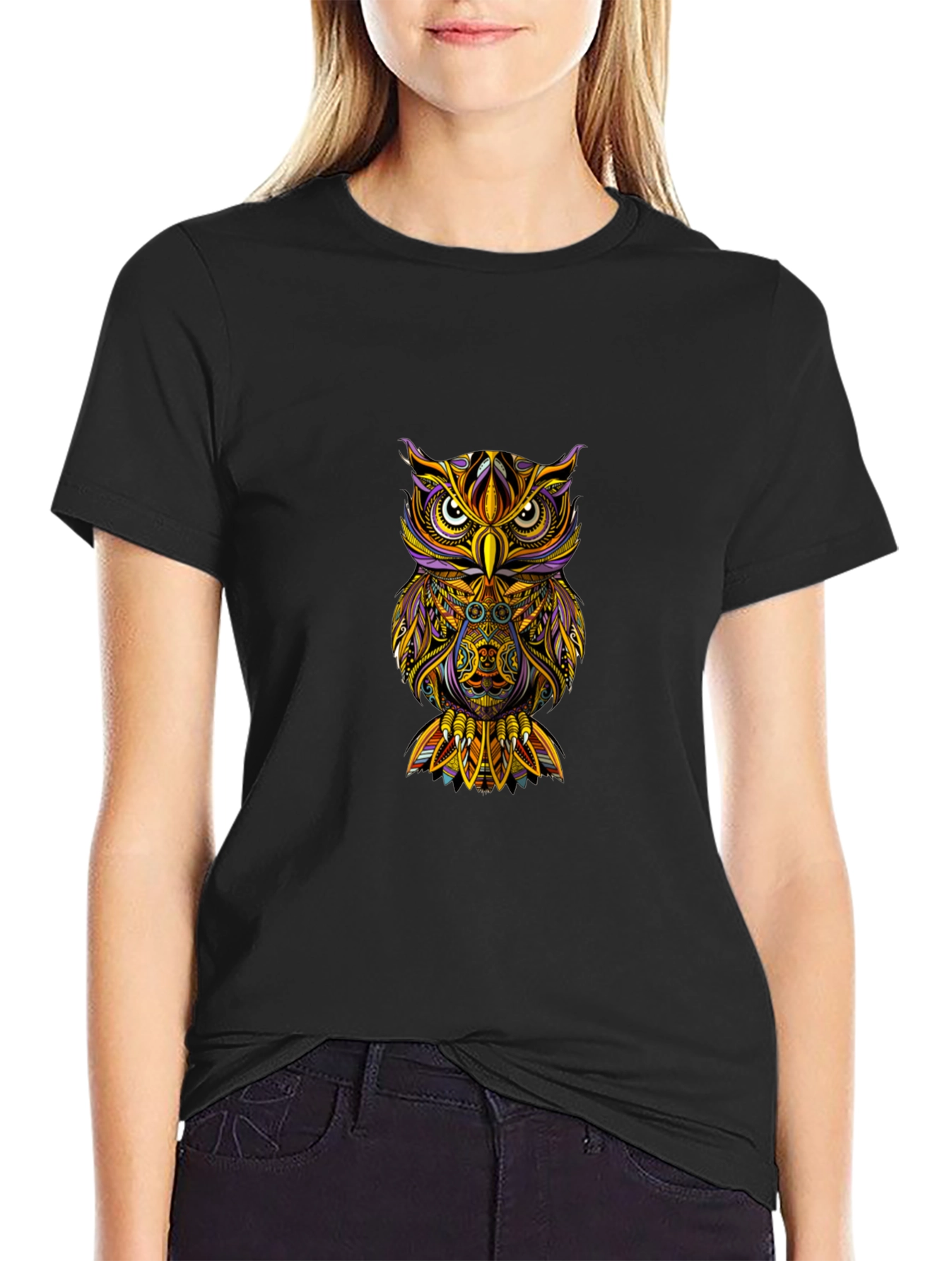 Owl Graphic Print T-Shirt - Black