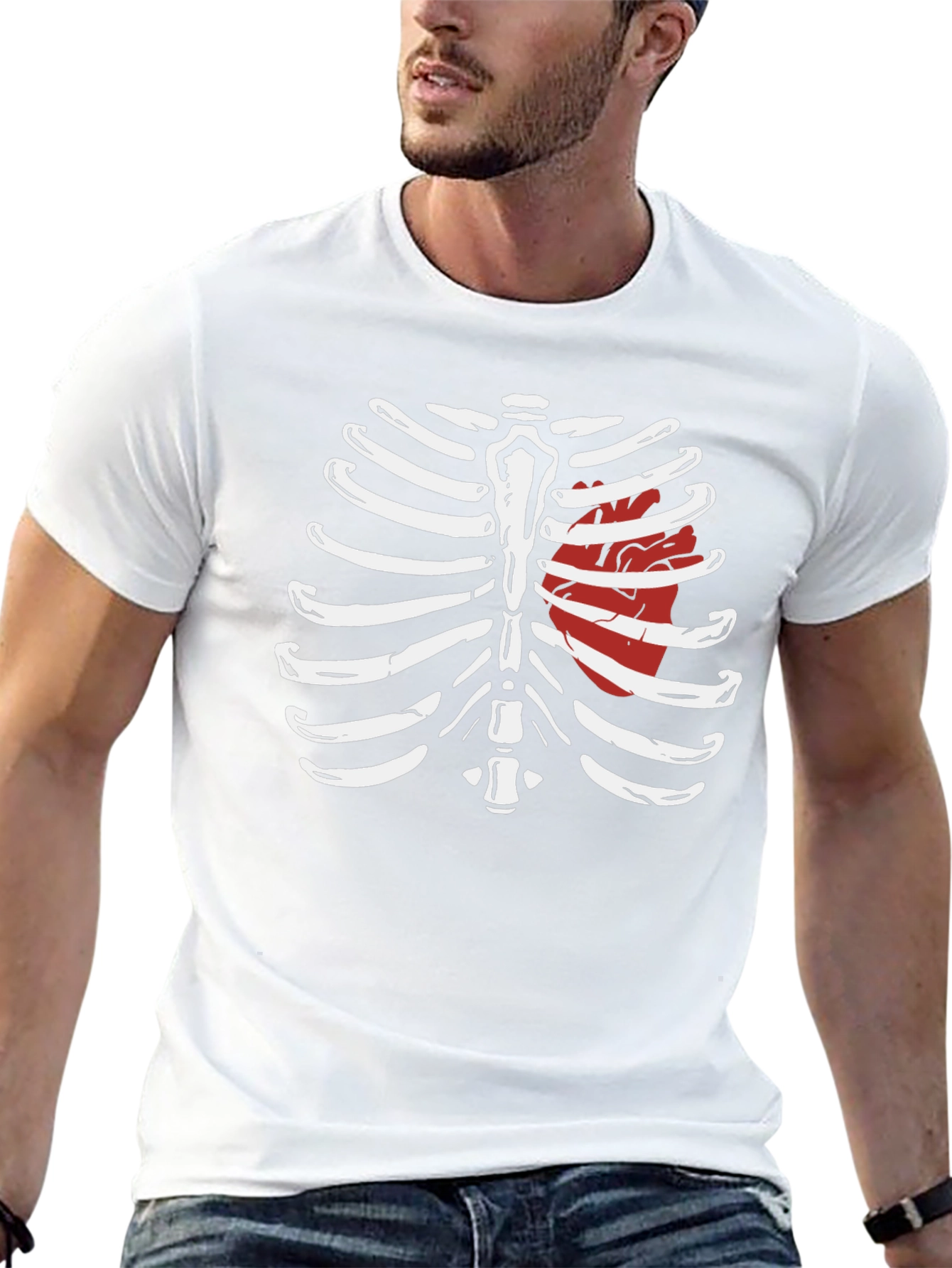 Skeleton Rib Cage with Heart Graphic T-Shirt