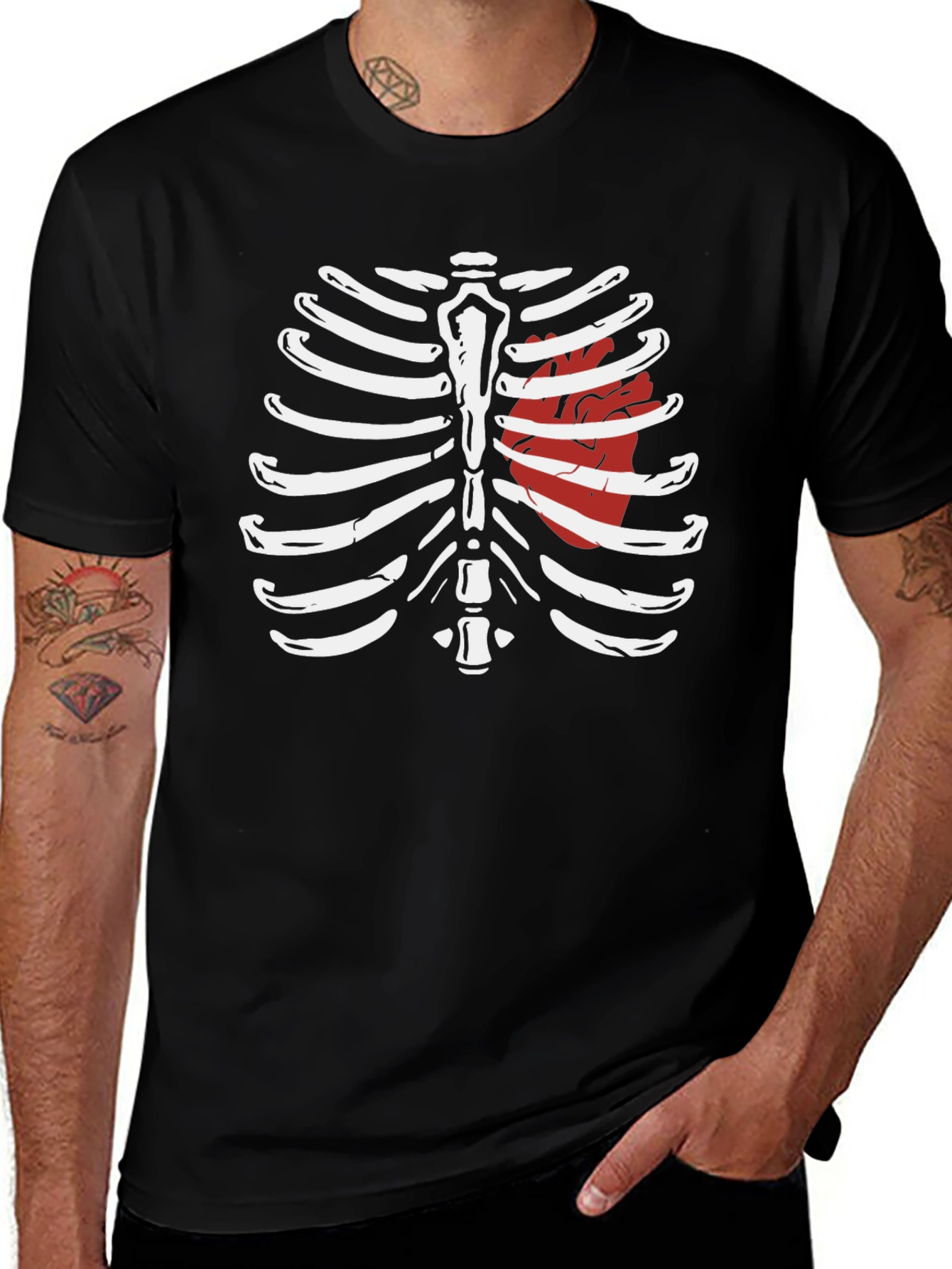 Skeleton Rib Cage with Heart Graphic T-Shirt