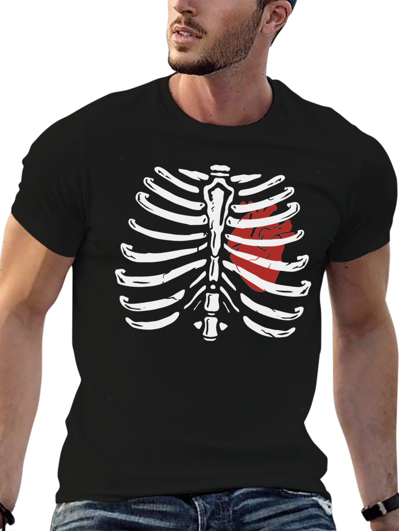 Skeleton Rib Cage with Heart Graphic T-Shirt