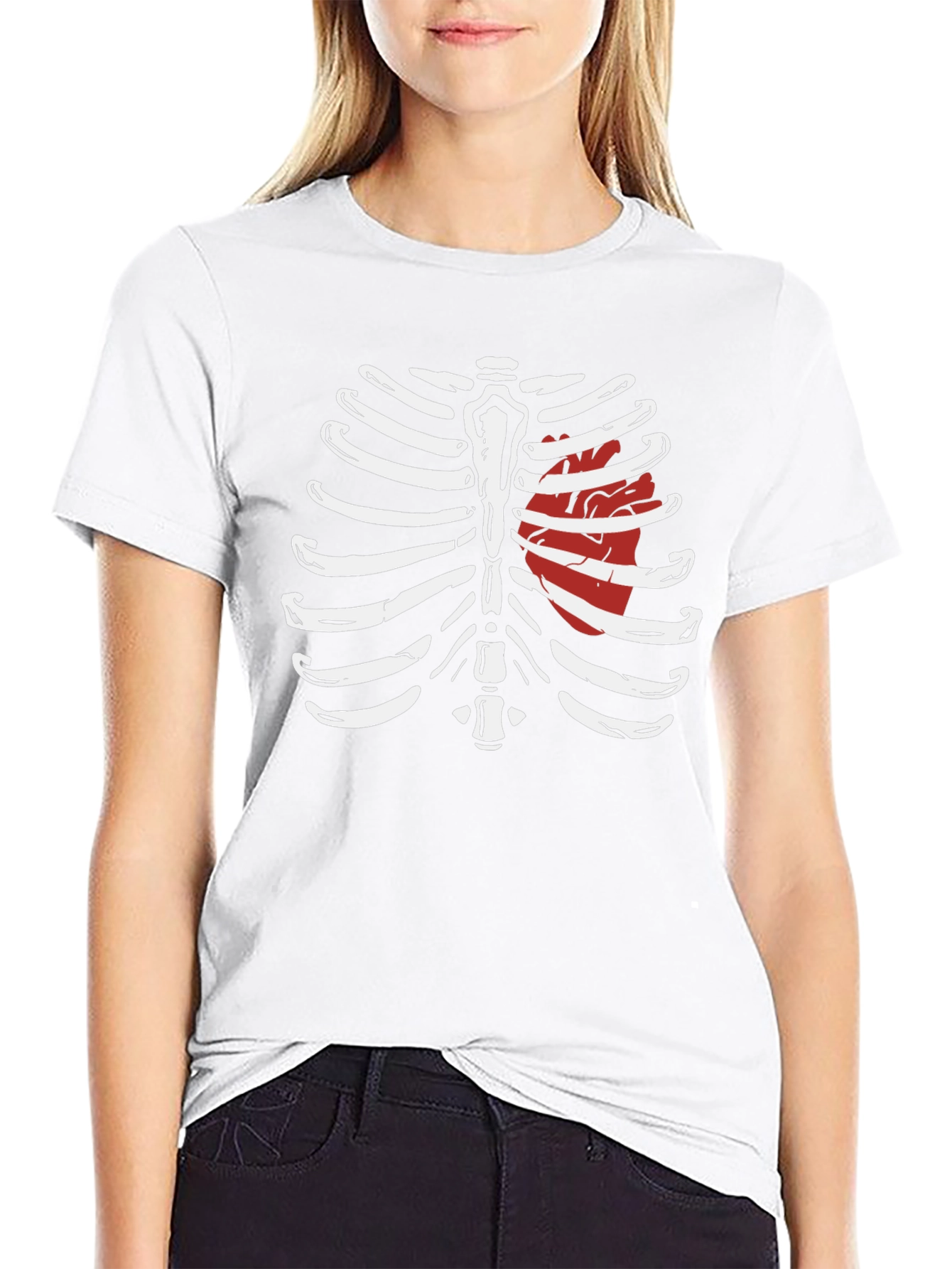 Skeleton Rib Cage with Heart Graphic T-Shirt