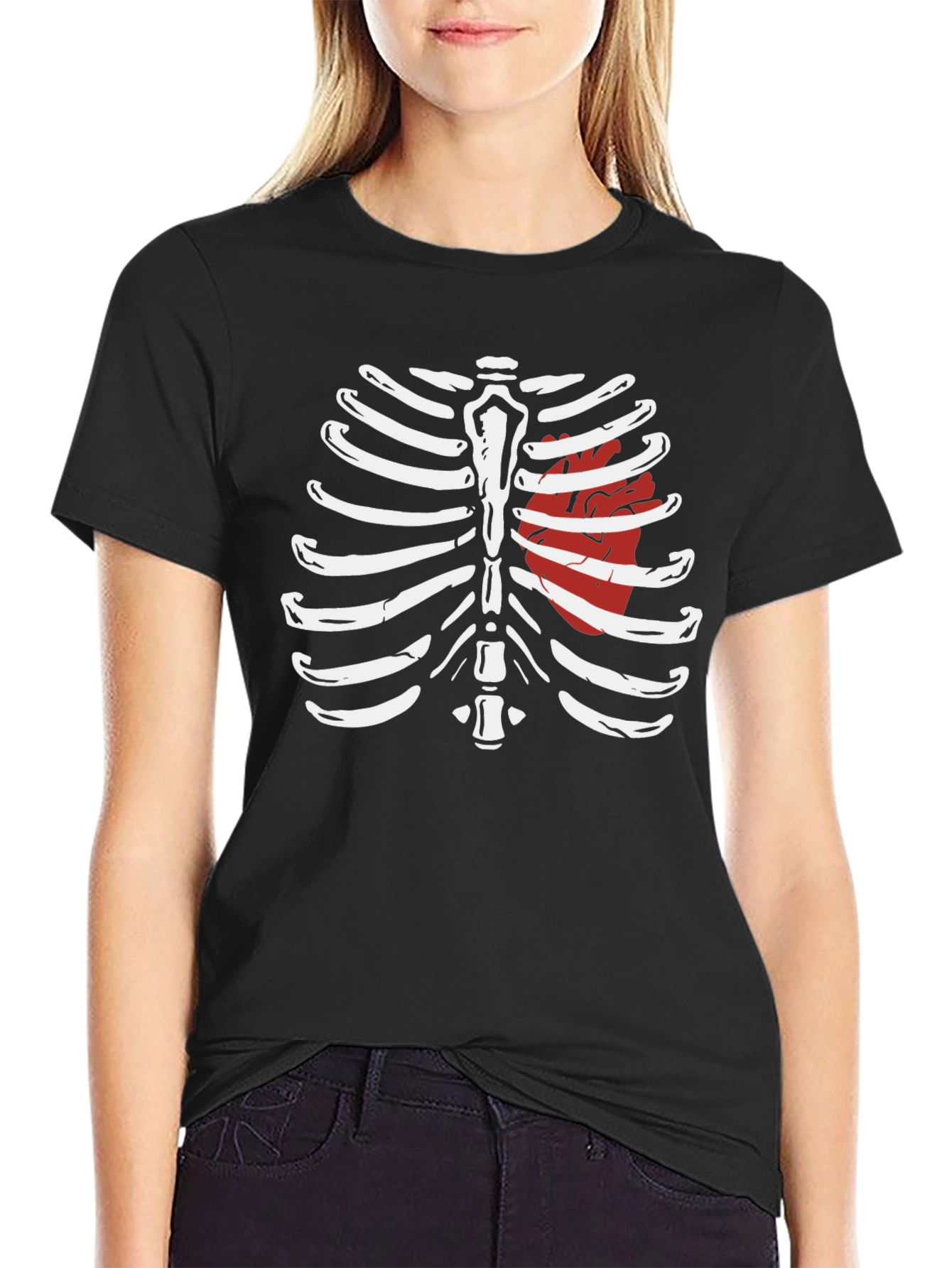 Skeleton Rib Cage with Heart Graphic T-Shirt