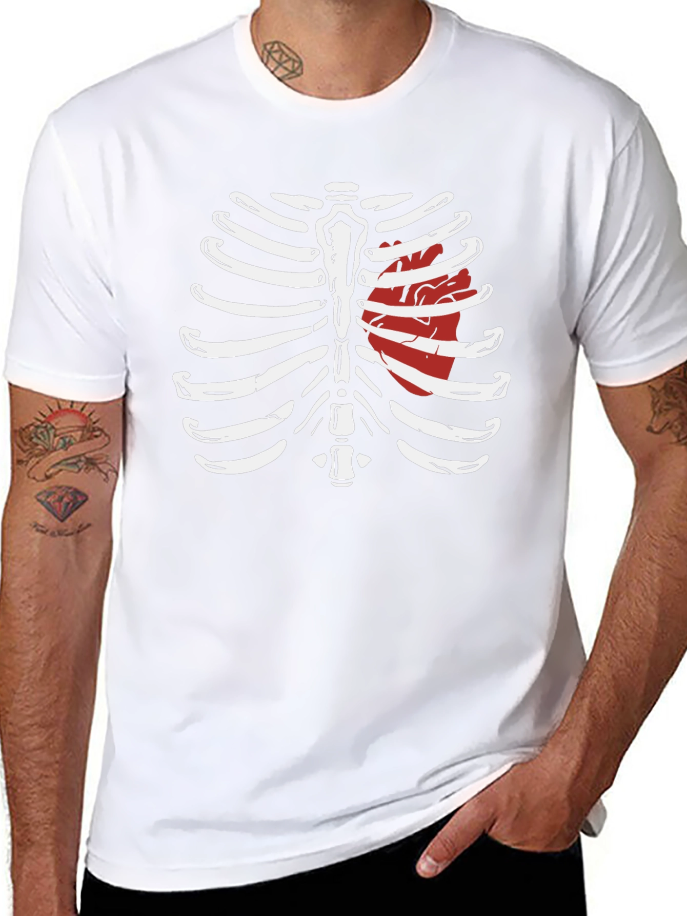 Skeleton Rib Cage with Heart Graphic T-Shirt