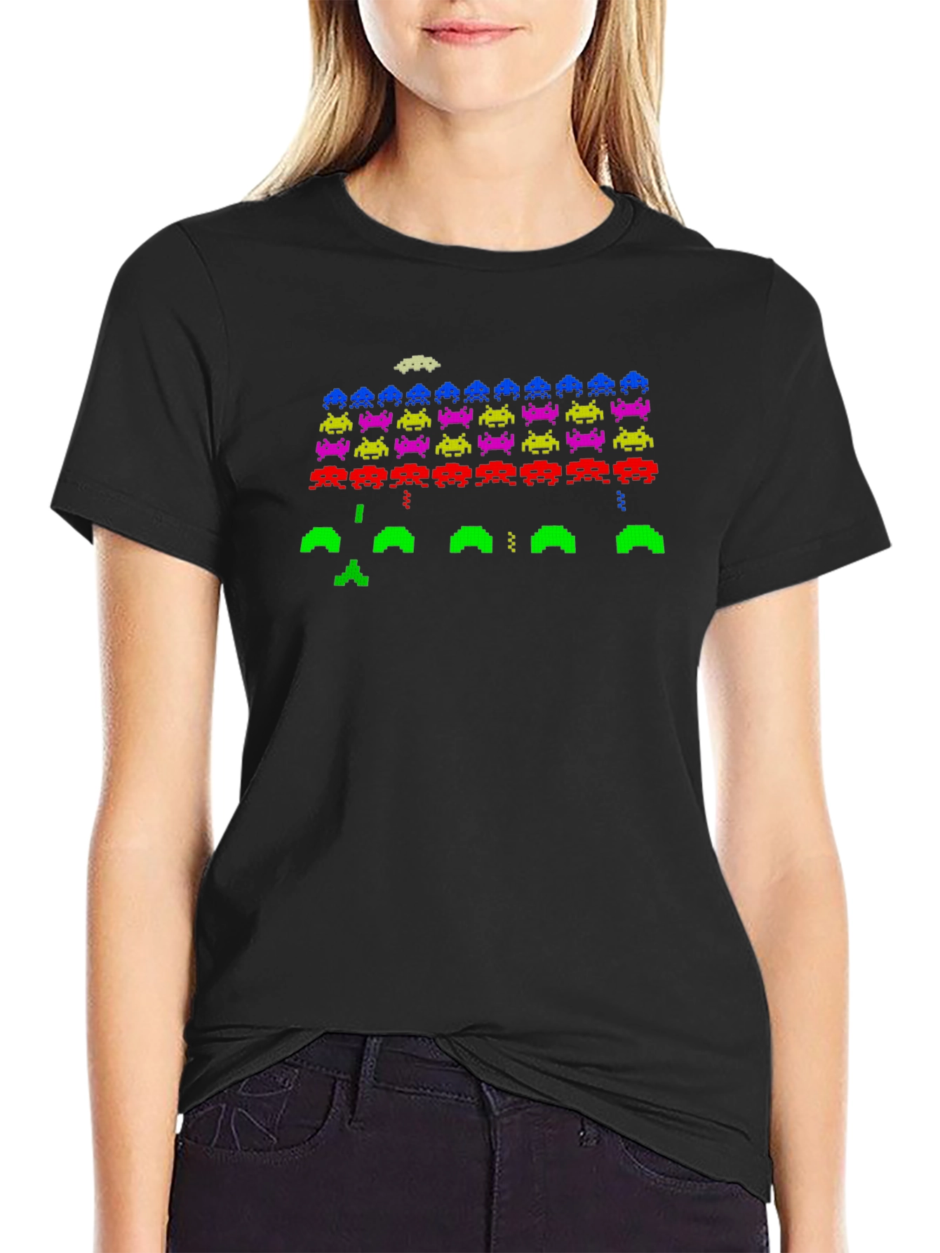 Retro Pixel Invasion Black T-Shirt