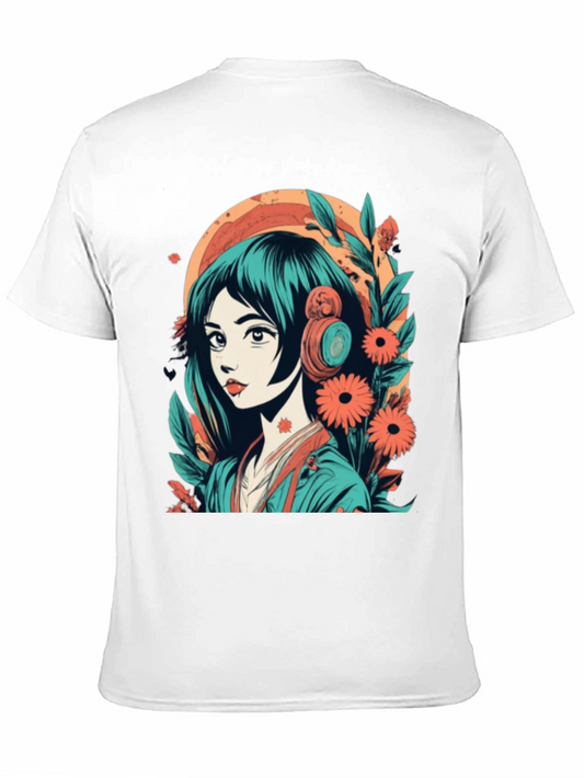 Anime Girl Graphic Tee - Floral & Headphones Design