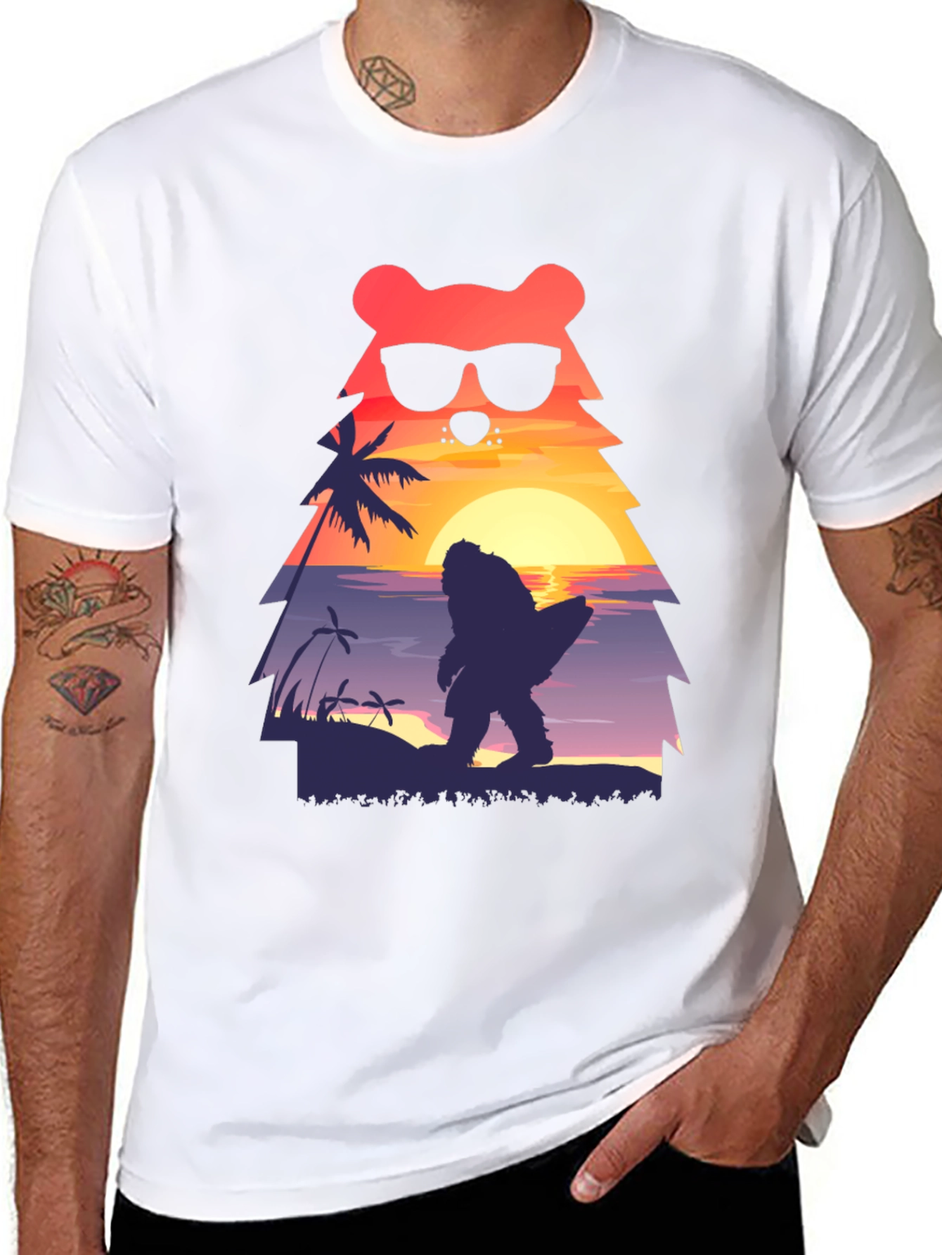 Bear Bigfoot Sunset Beach T-Shirt