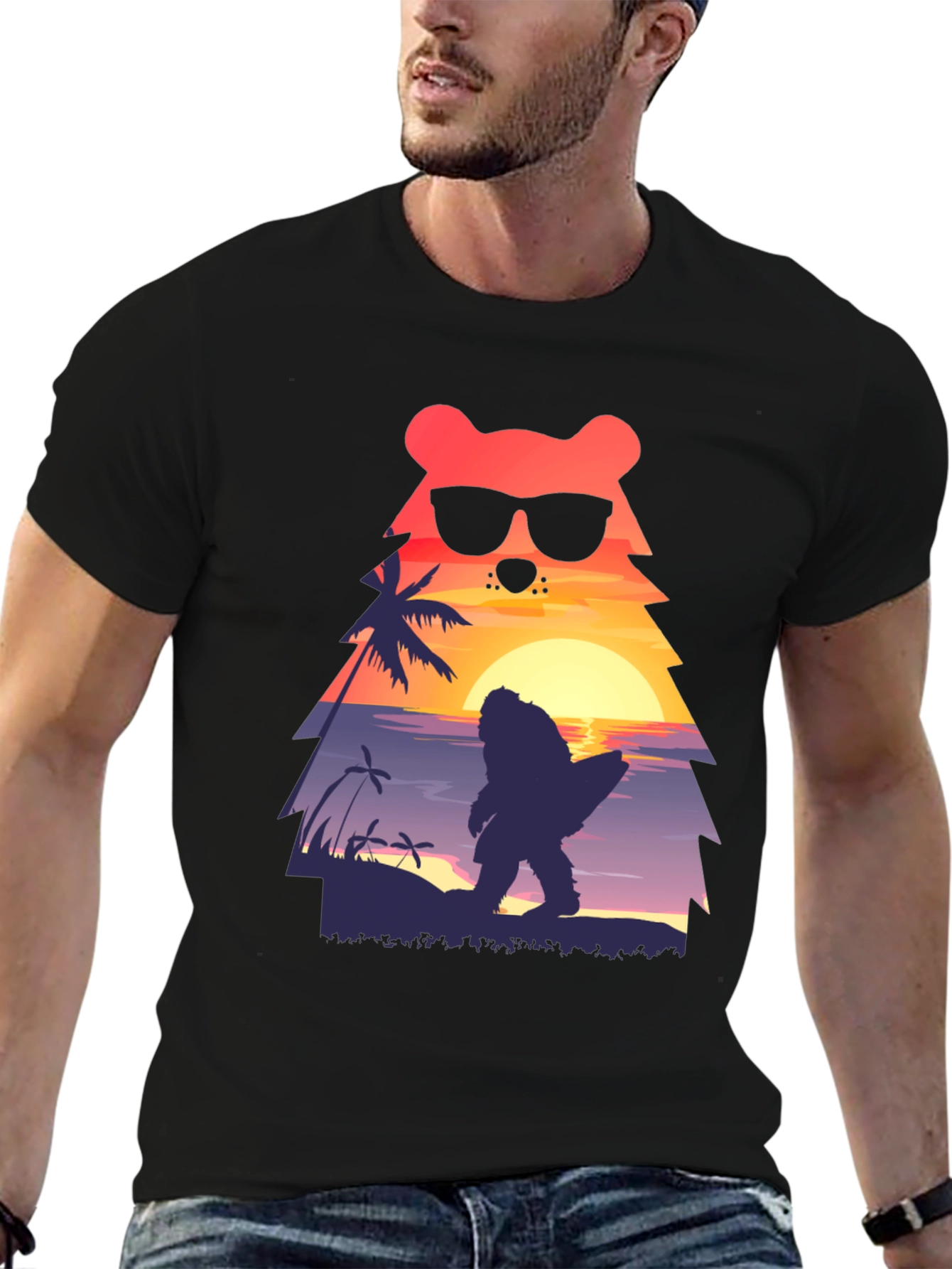 Bear Bigfoot Sunset Beach T-Shirt