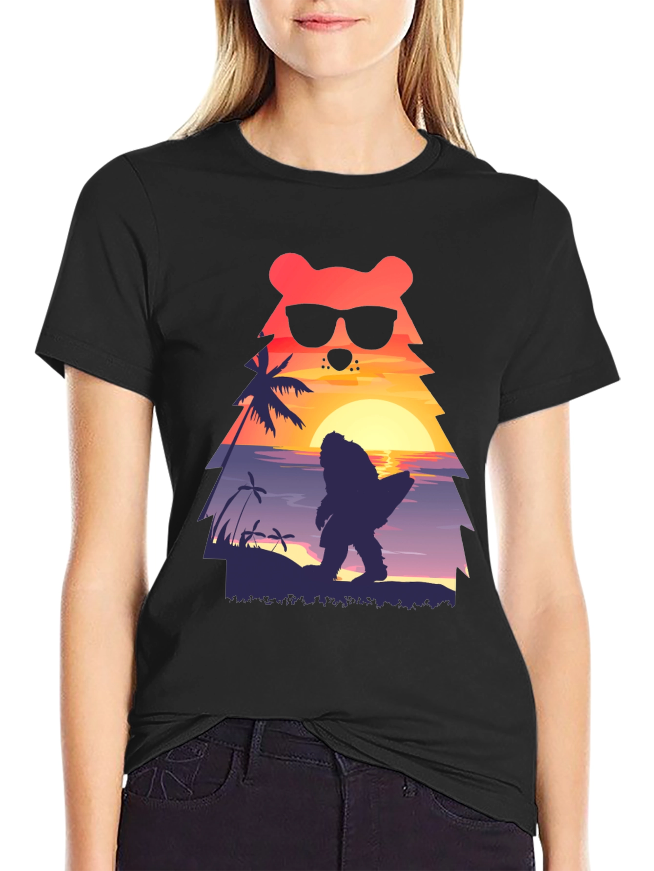 Bear Bigfoot Sunset Beach T-Shirt