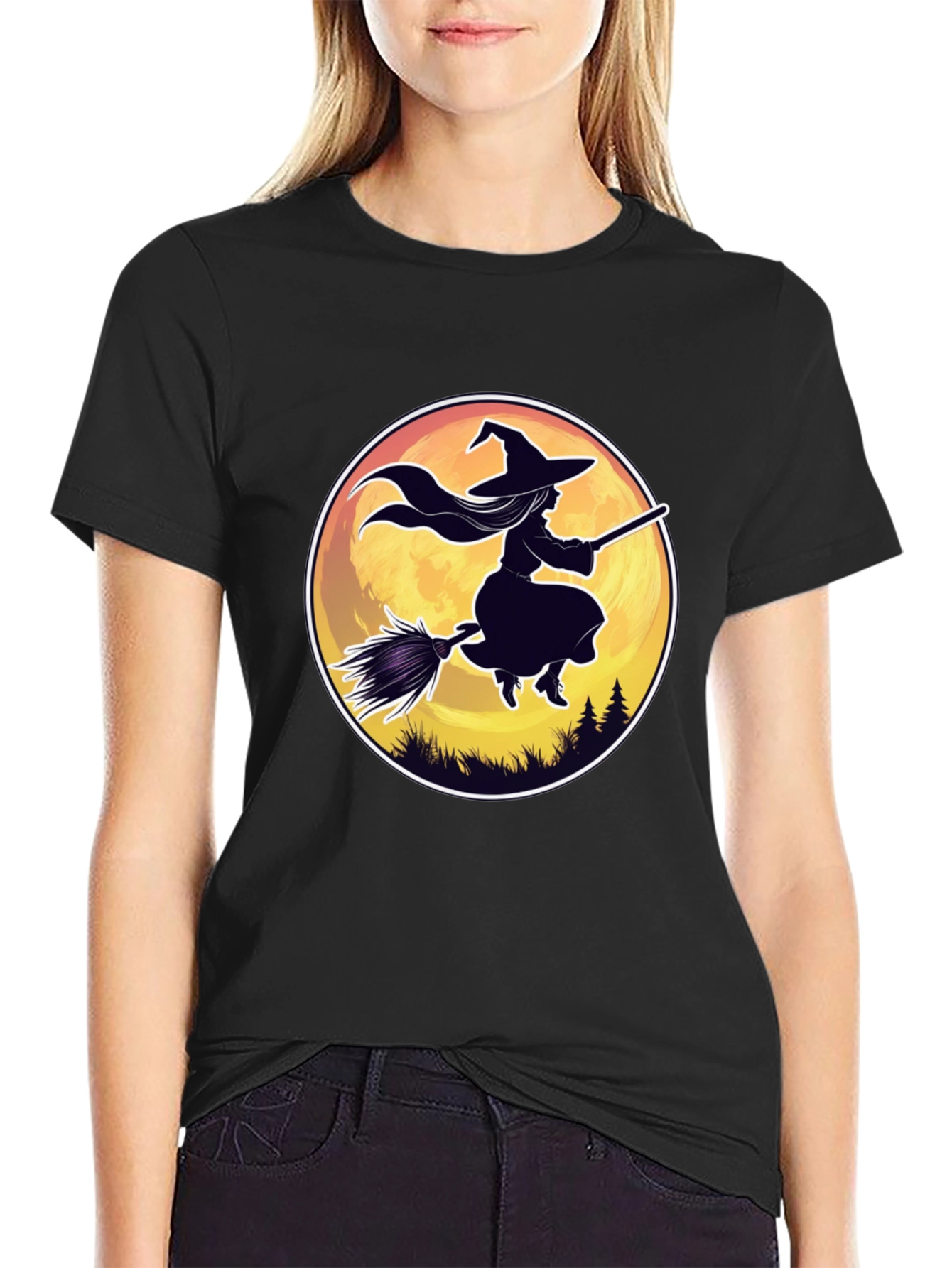 Witch on Broomstick Graphic Tee - Halloween Shirt