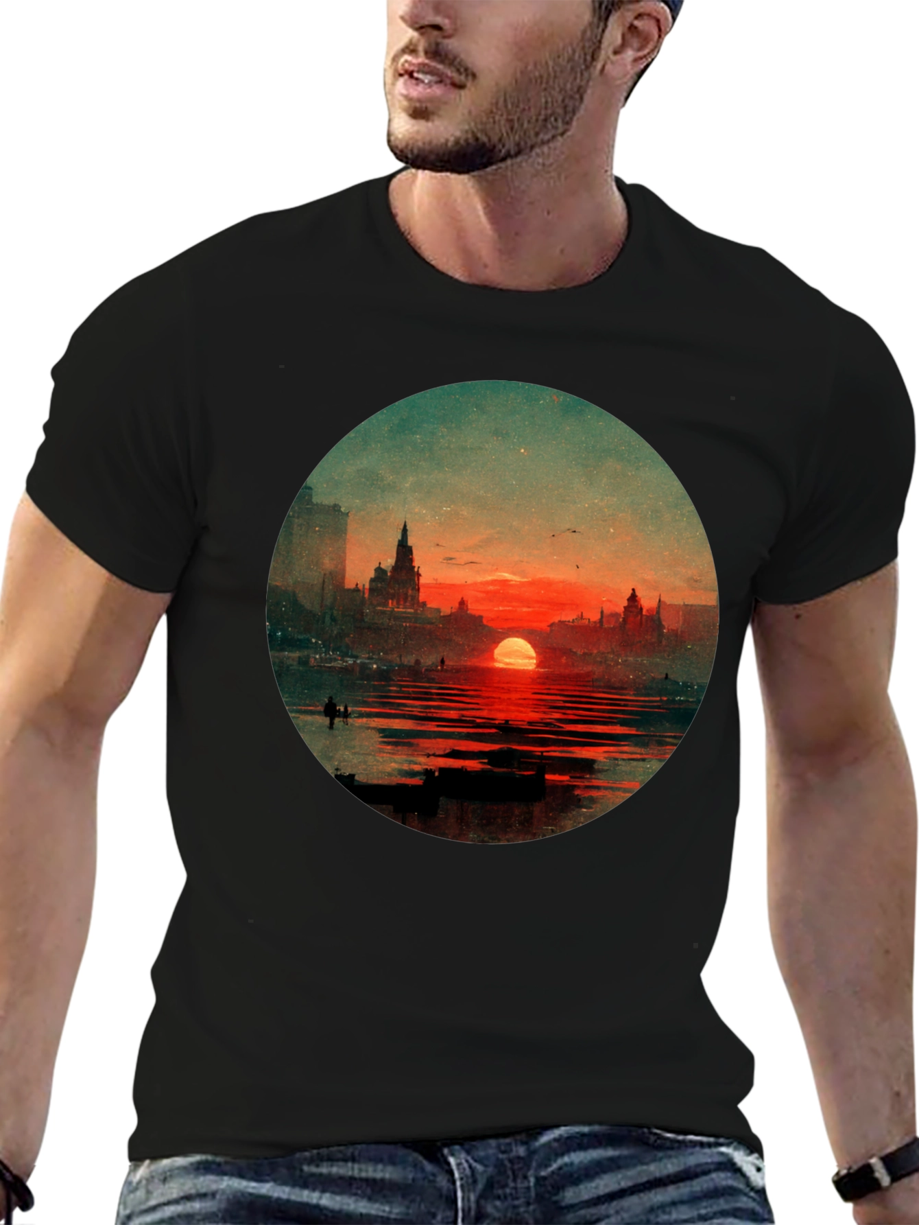 Sunset Cityscape Graphic Tee - Black