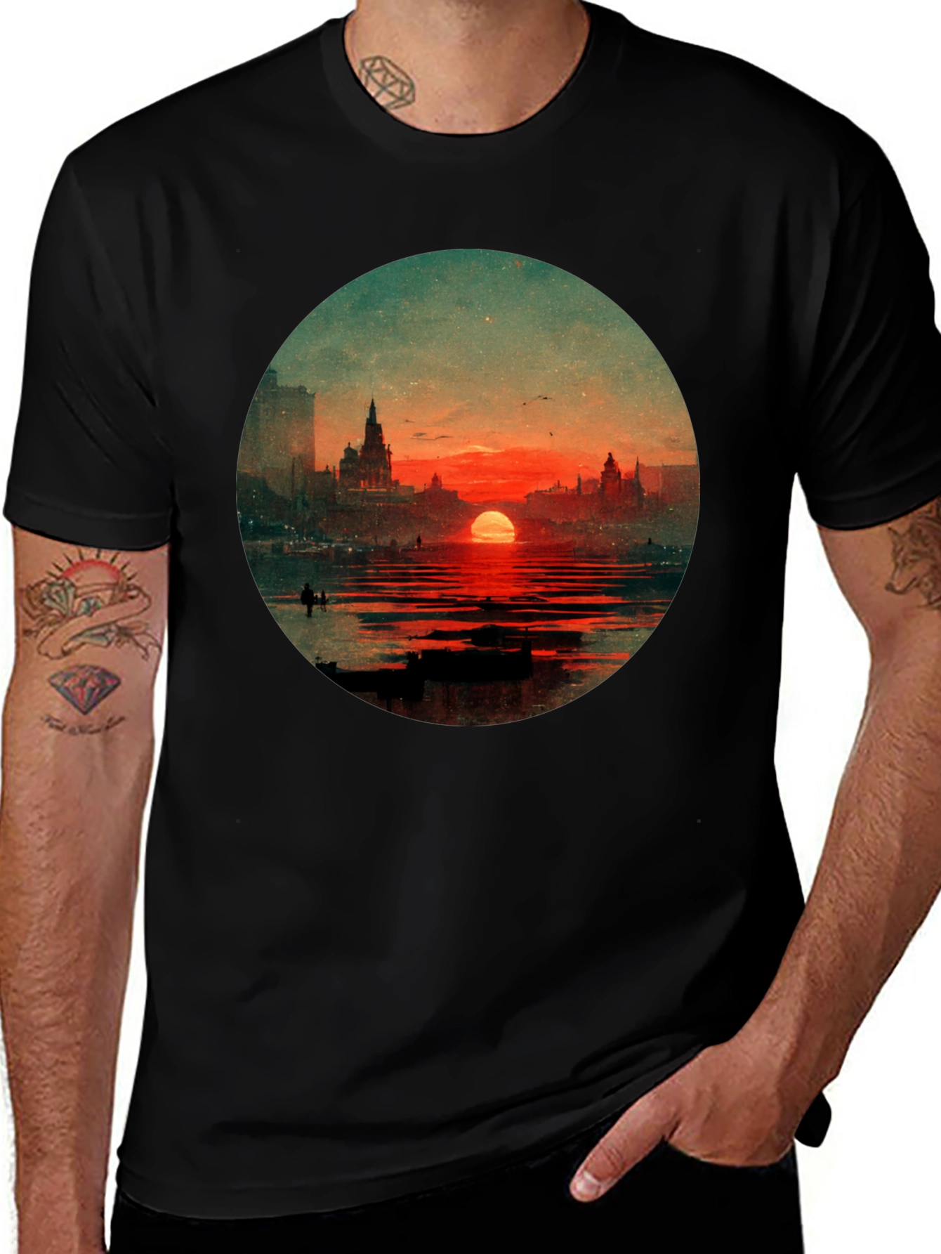 Sunset Cityscape Graphic Tee - Black