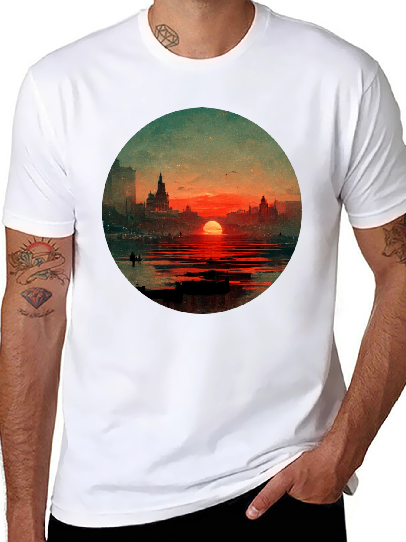 Sunset Cityscape Graphic Tee - Black