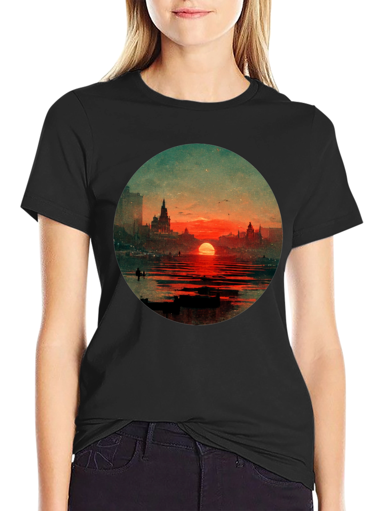 Sunset Cityscape Graphic Tee - Black