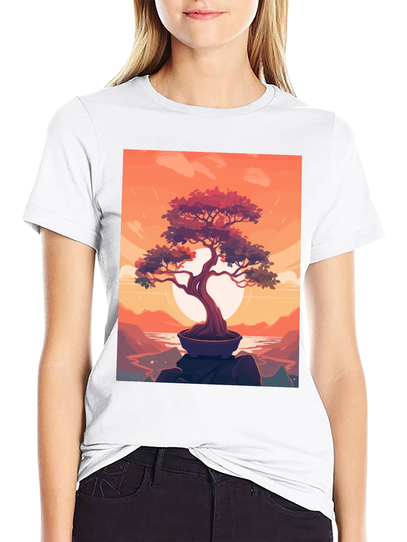 Bonsai Sunset Graphic Tee - Zen Style
