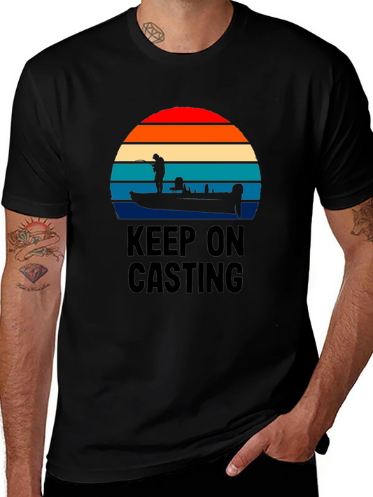 Keep On Casting Fishing T-Shirt - Retro Sunset Design
