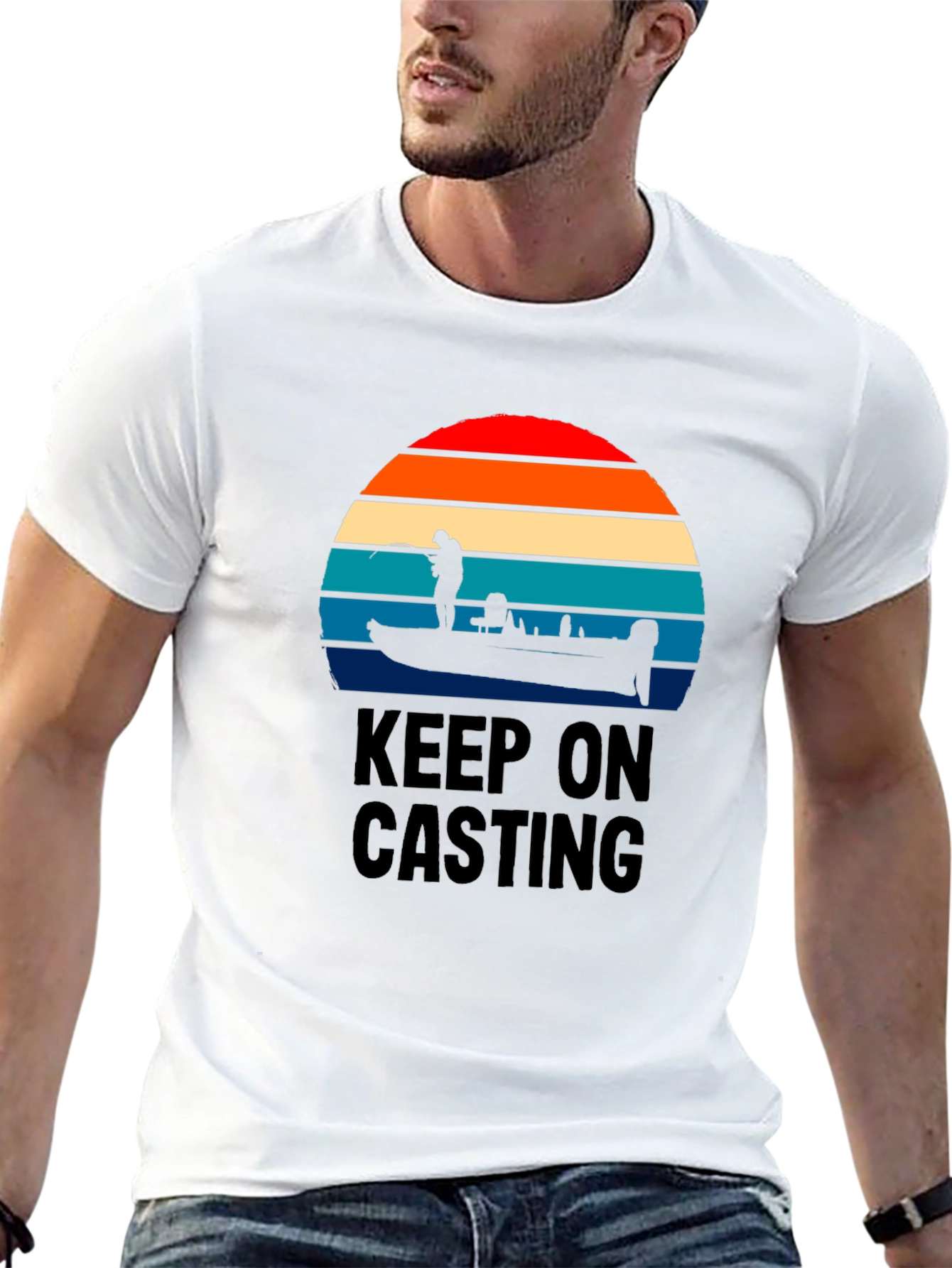 Keep On Casting Fishing T-Shirt - Retro Sunset Design