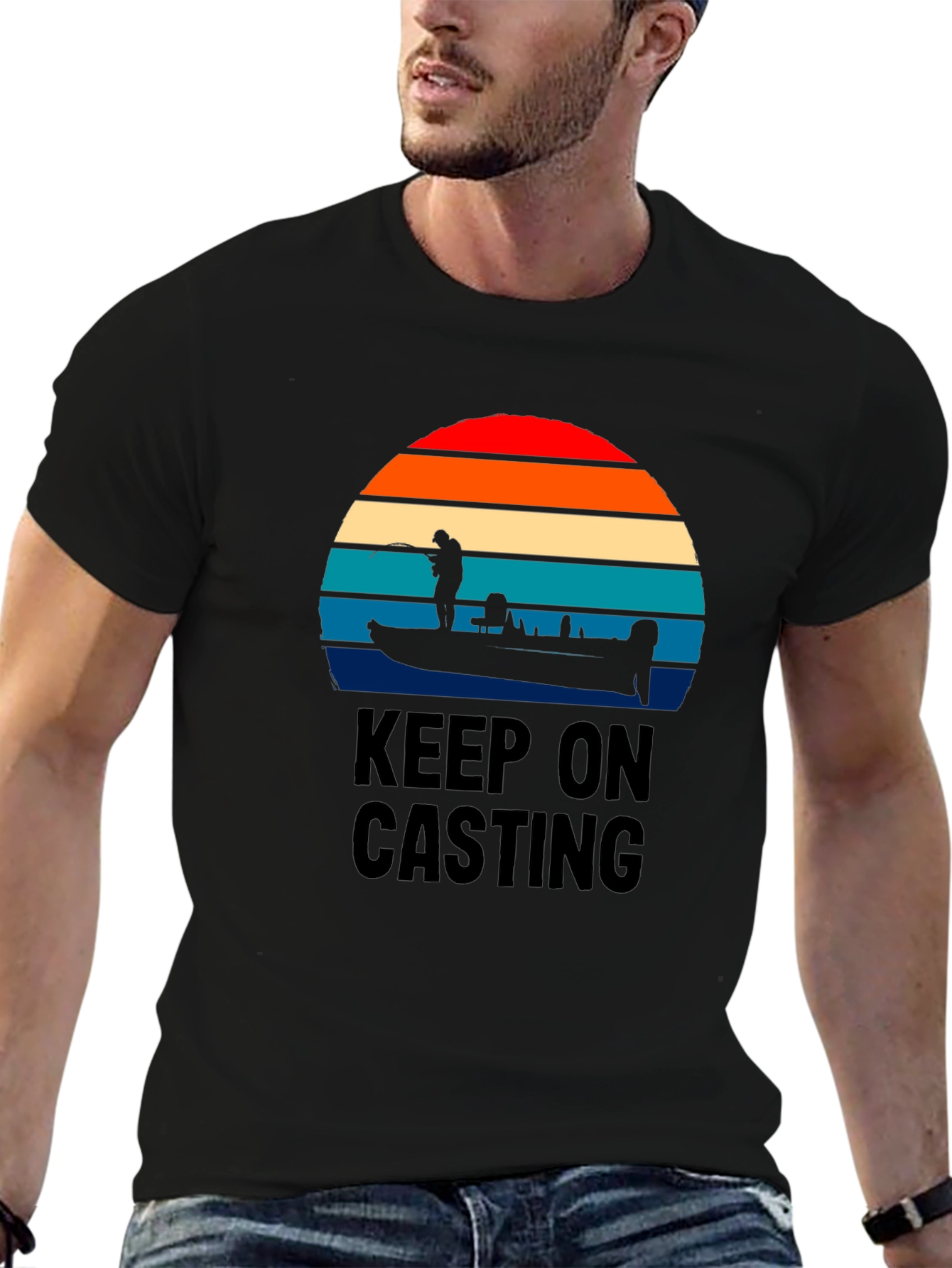 Keep On Casting Fishing T-Shirt - Retro Sunset Design