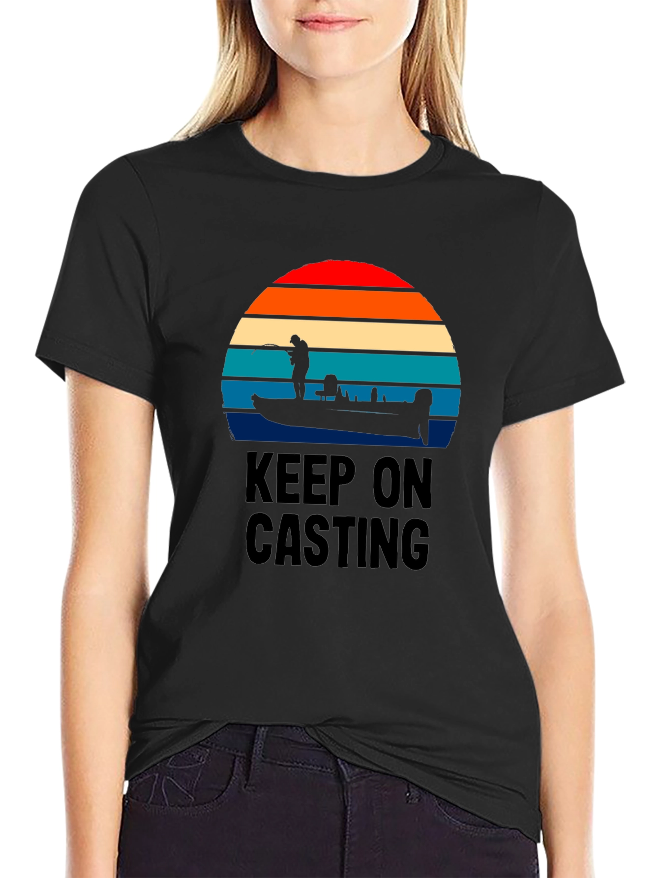 Keep On Casting Fishing T-Shirt - Retro Sunset Design