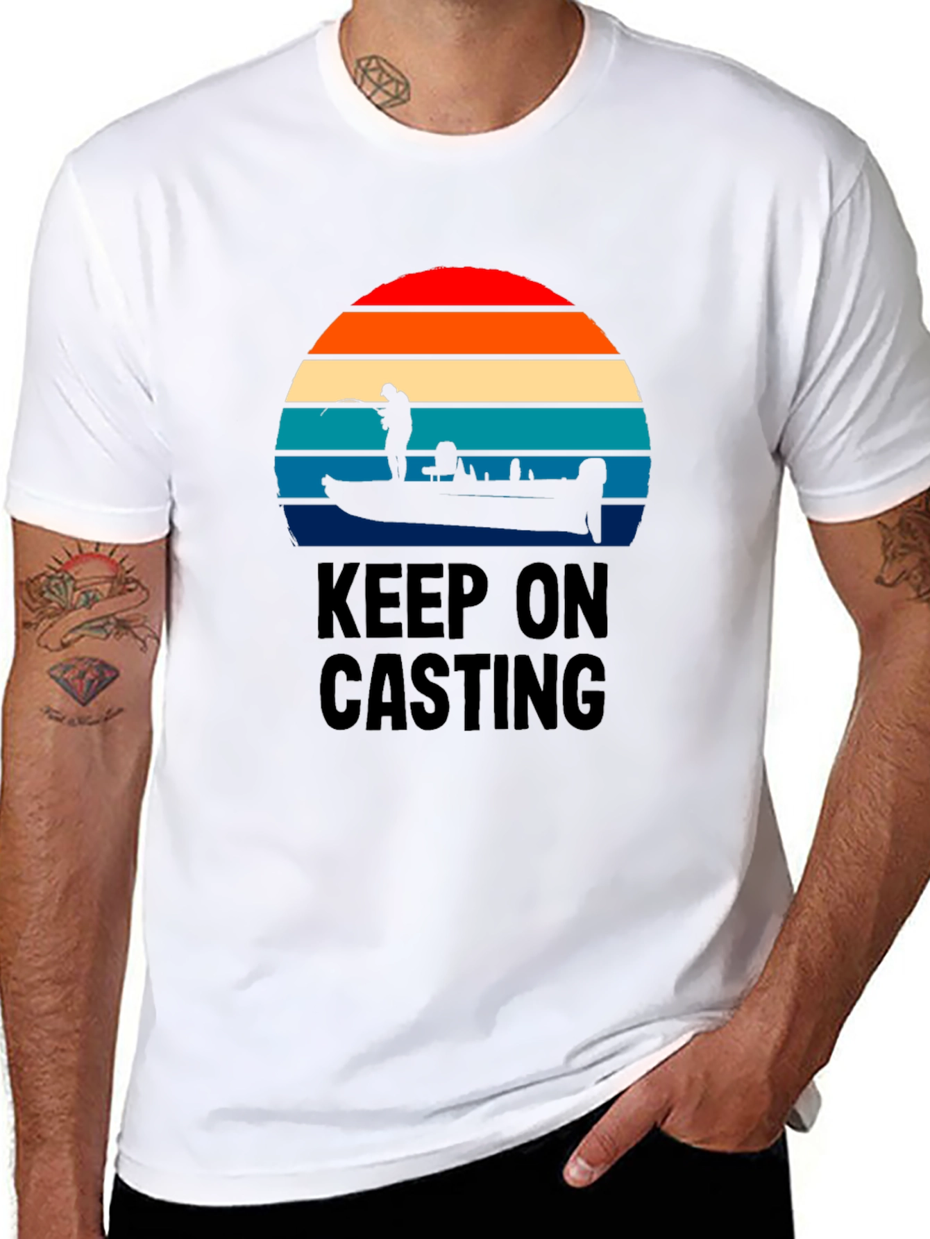 Keep On Casting Fishing T-Shirt - Retro Sunset Design