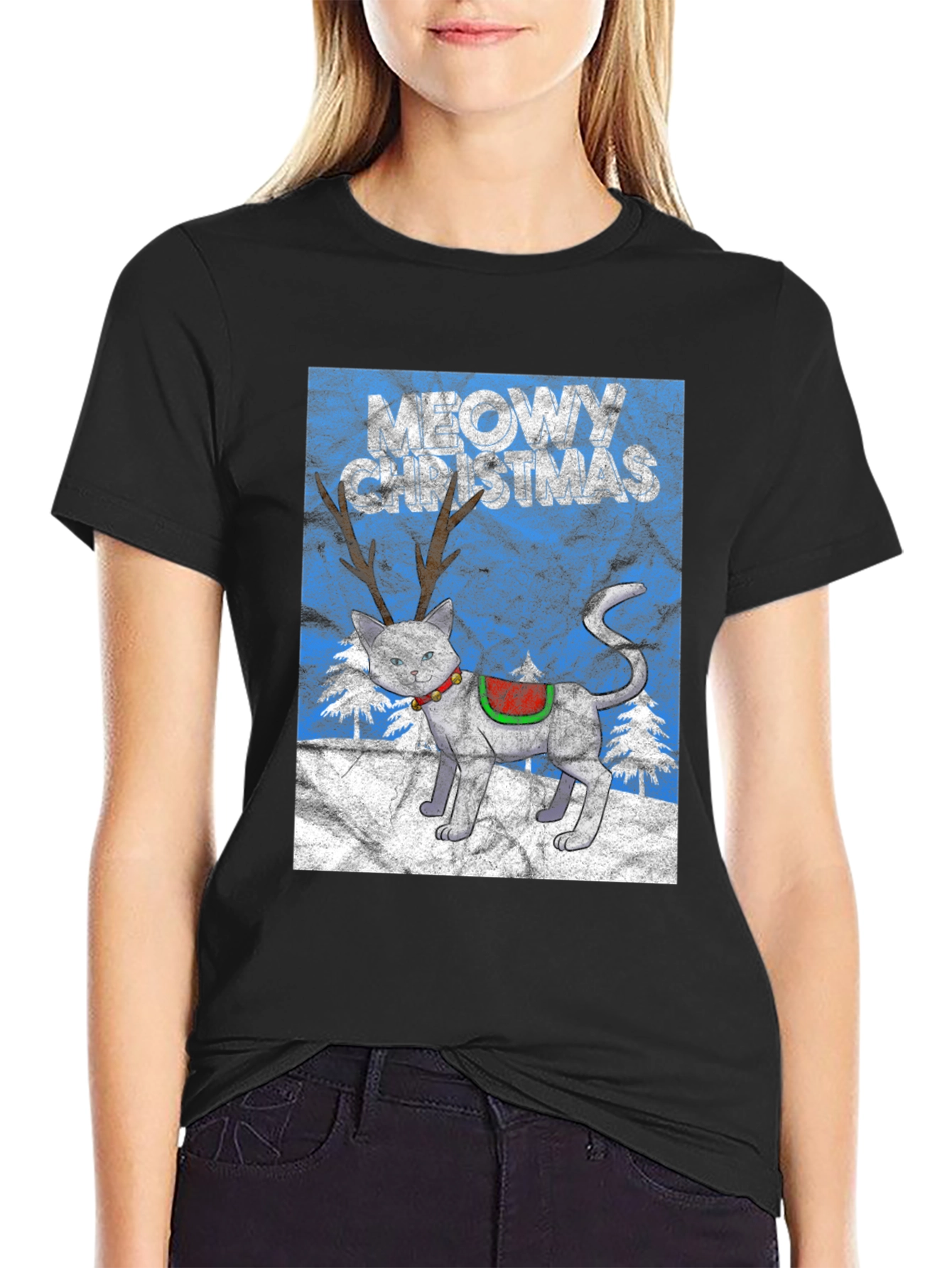 Meowy Christmas Cat Reindeer T-Shirt