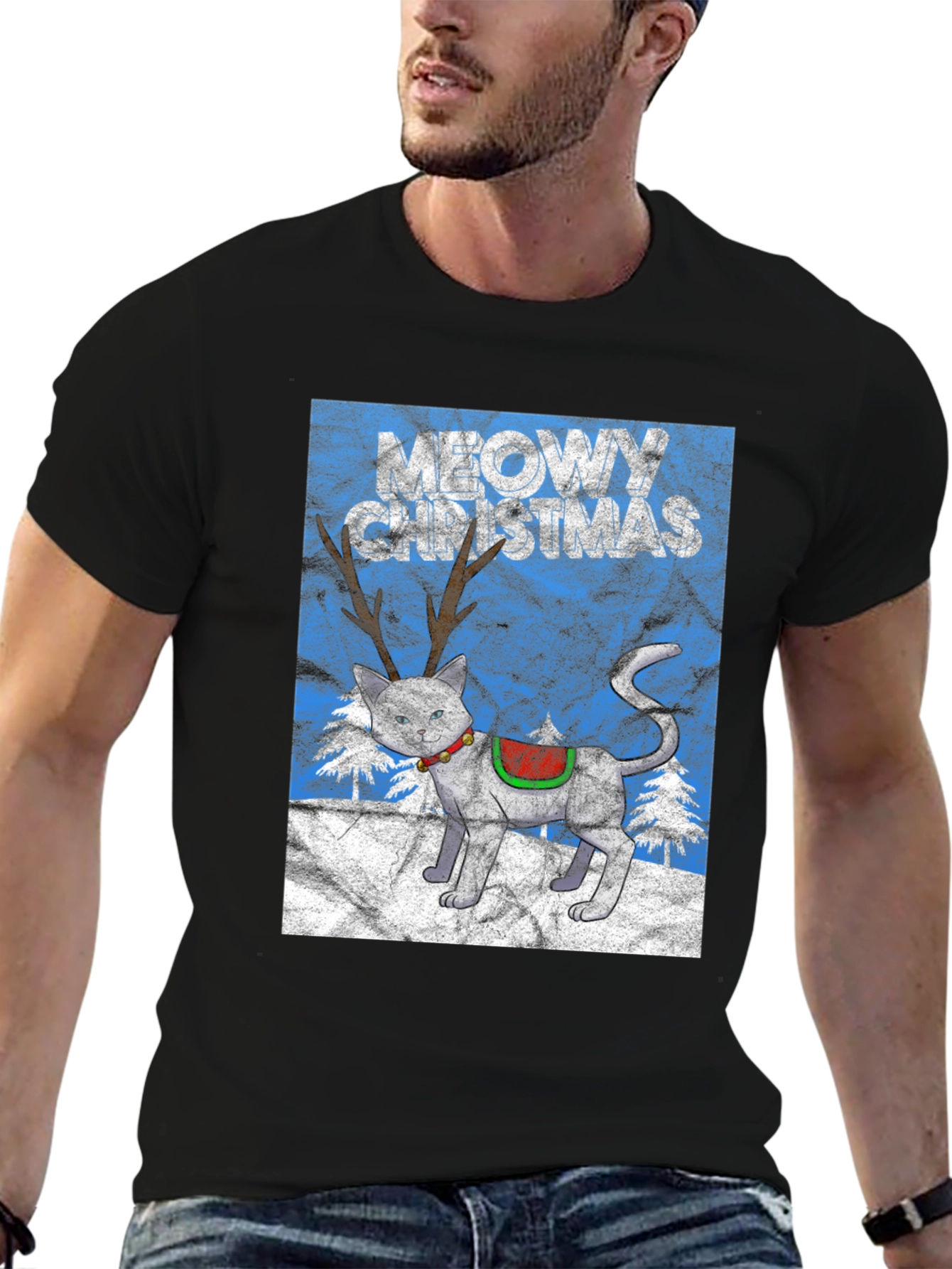 Meowy Christmas Cat Reindeer T-Shirt