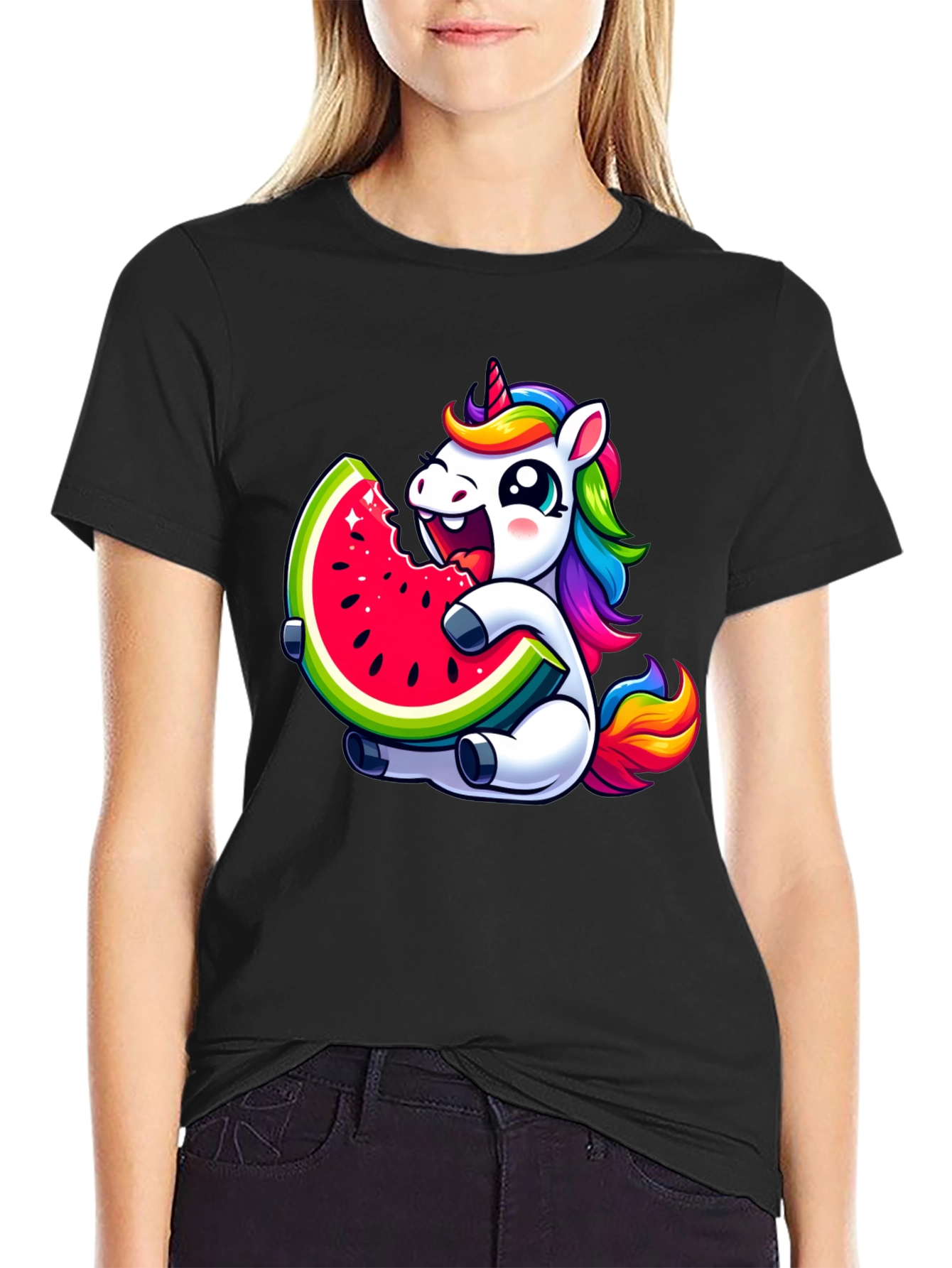 Unicorn Eating Watermelon Black T-Shirt