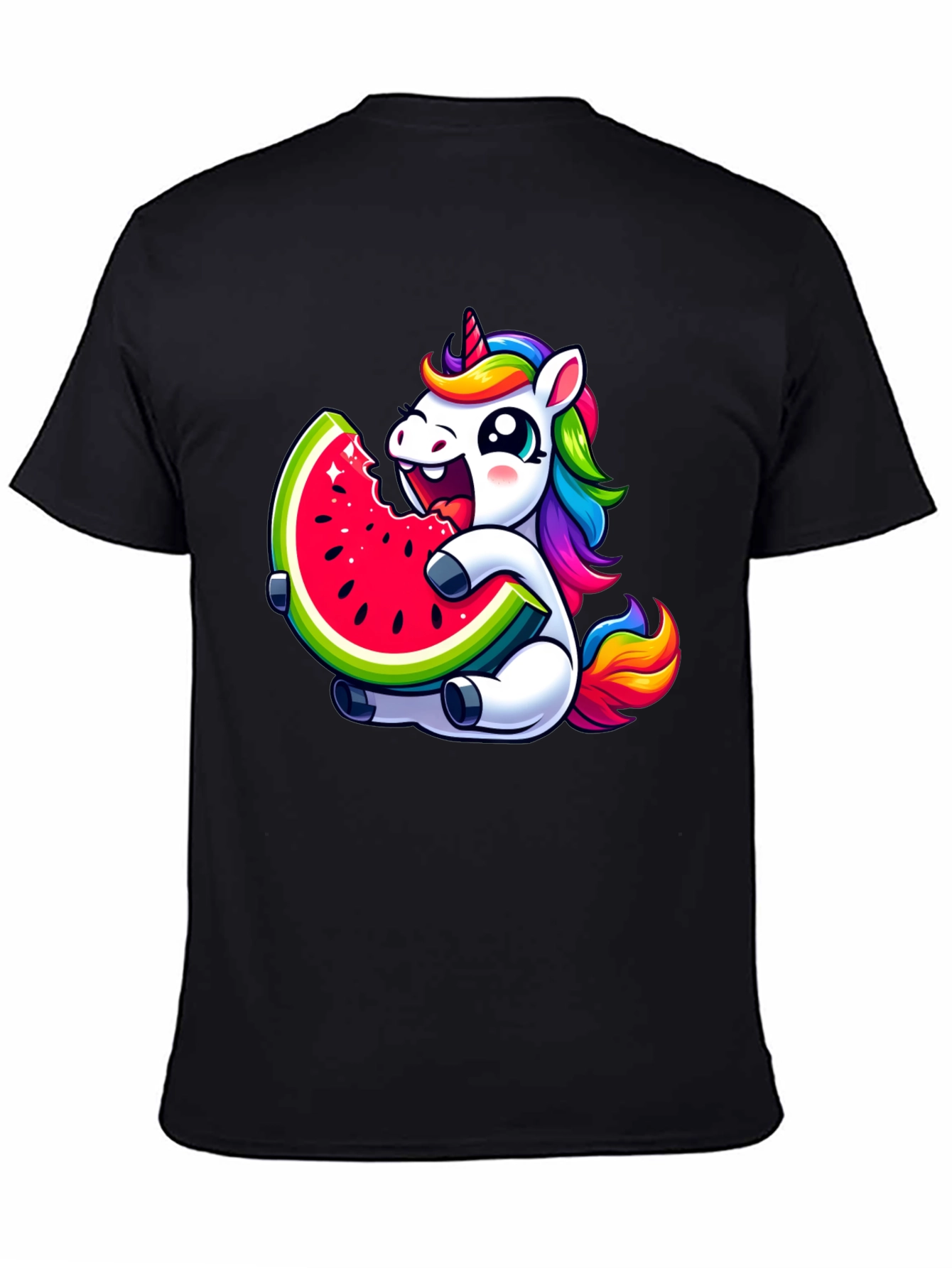 Unicorn Eating Watermelon Black T-Shirt